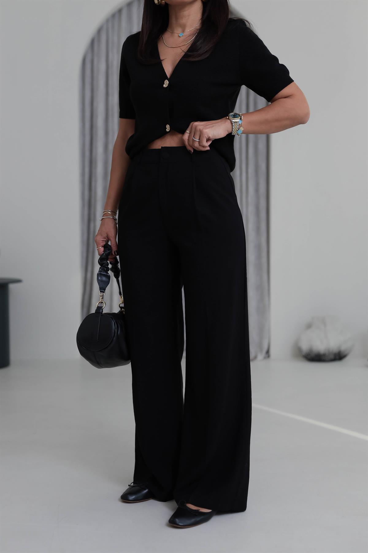 7576 Pileli Bol Paça Pantolon SİYAH