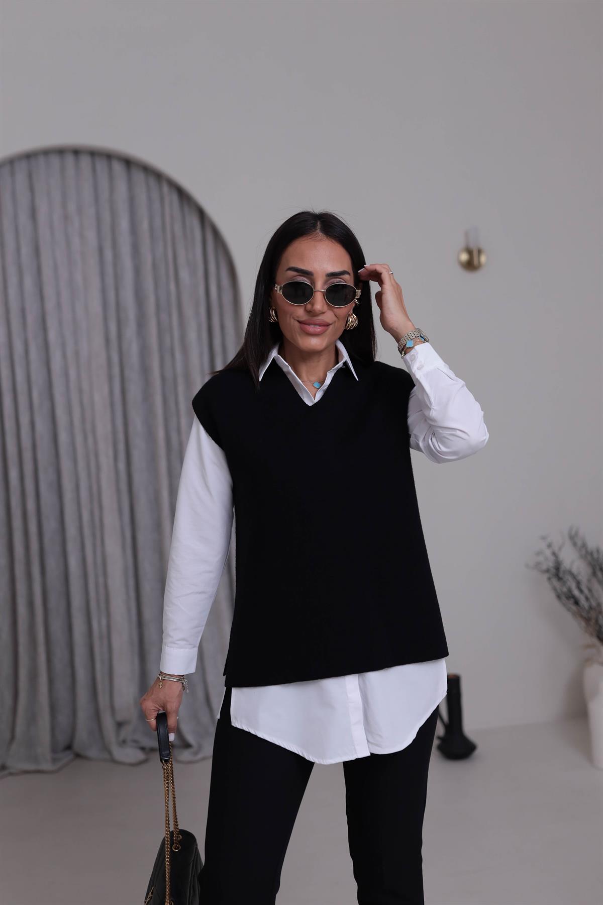 0694 V Yaka Yumuşak Dokulu Triko Süveter SİYAH