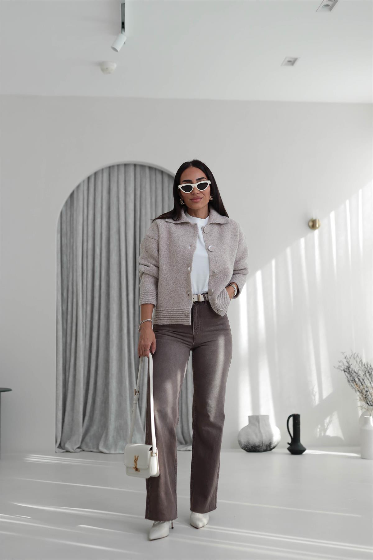 5086 Büyük Düğmeli Polo Yaka Hırka Ceket VİZON