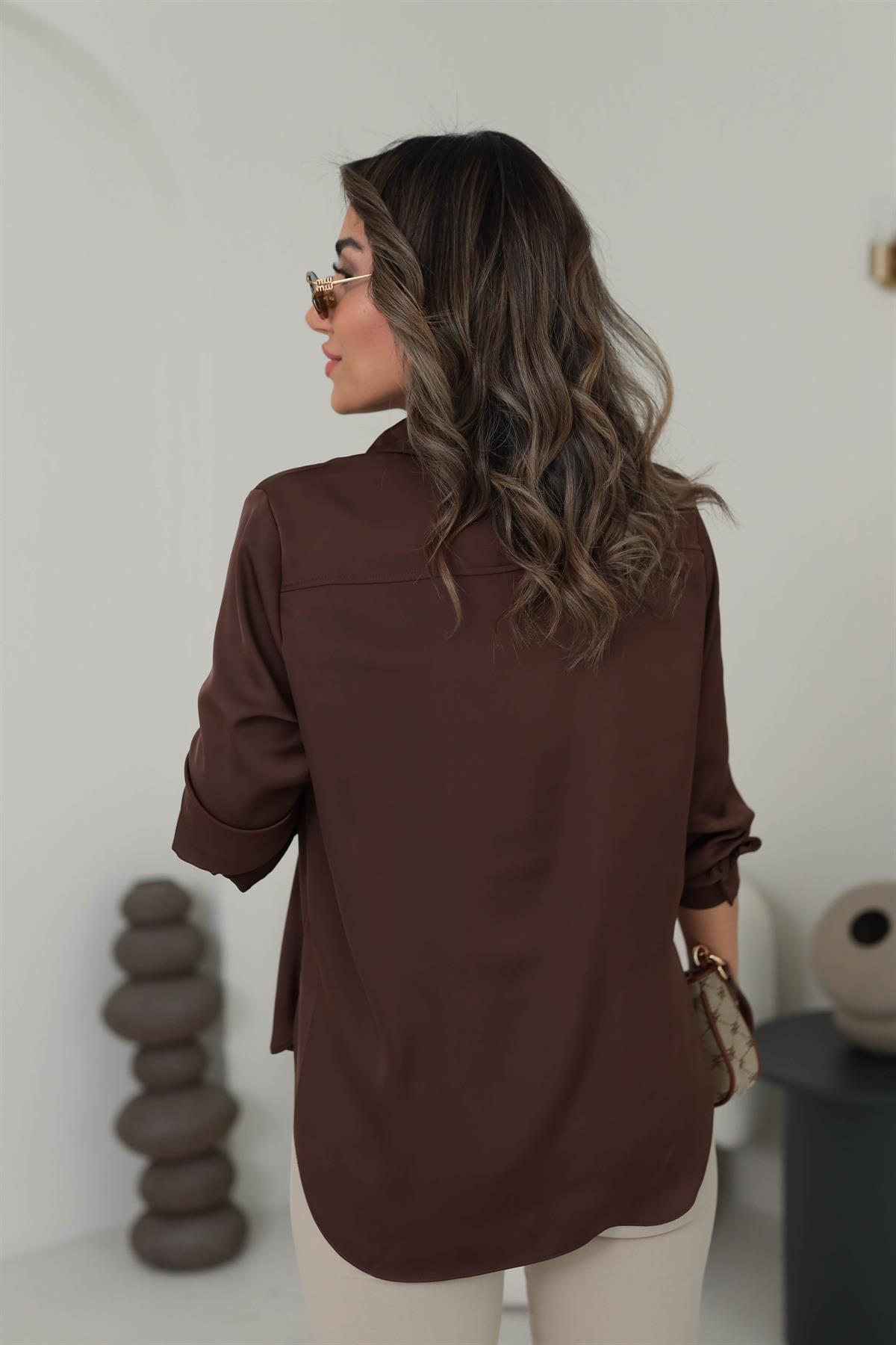 4156 Düz Saten Gömlek ACI KAHVE