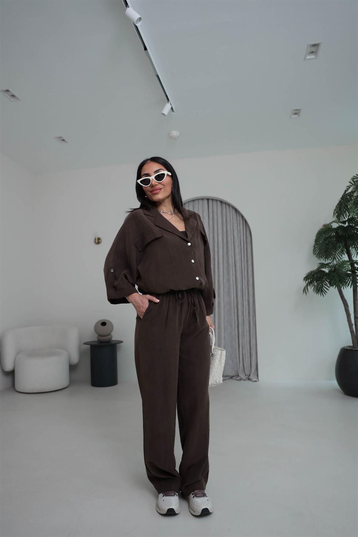 T0666 Tasarım Gabardin Tencel Takım KAHVE