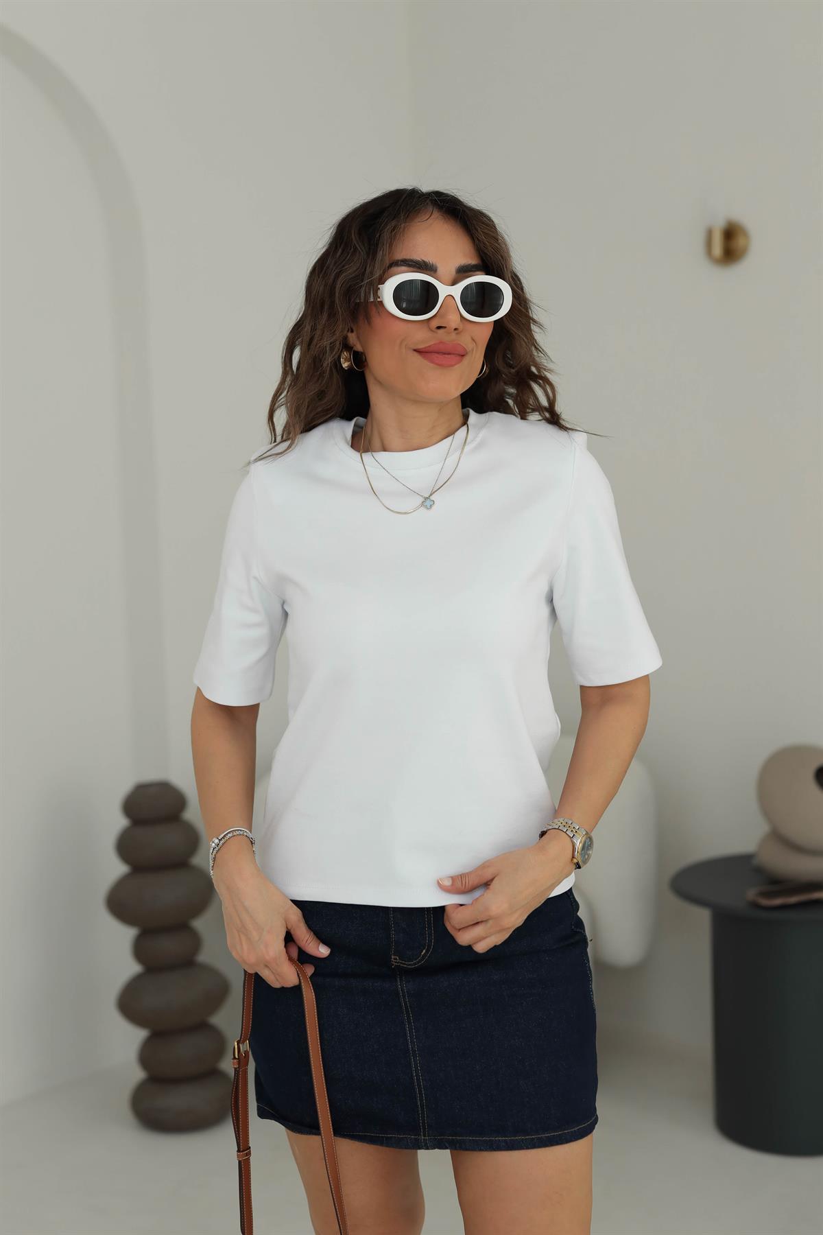 1134 Vatkalı Kalın Dokulu Tshirt BEYAZ