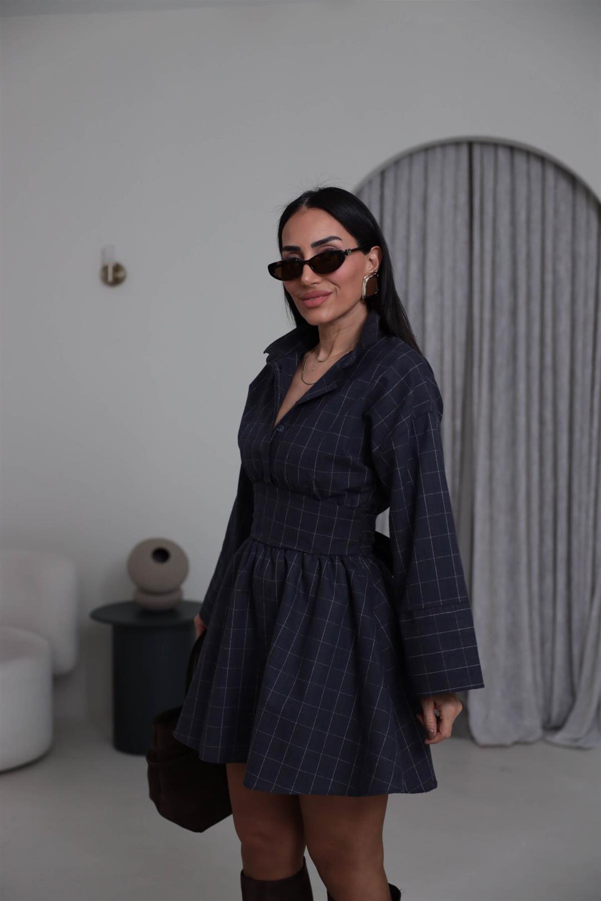 5546 Gömlek Yaka Belden Kuşaklı Desenli Elbise KAHVE