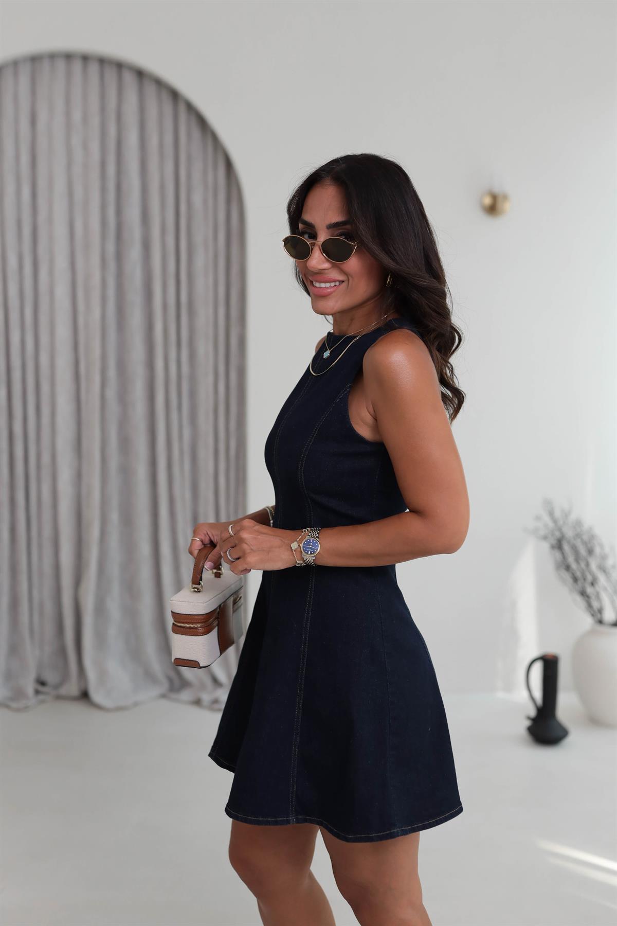 7330 Sıfır Kol A Kesim Denim Elbise KOYU LACİ