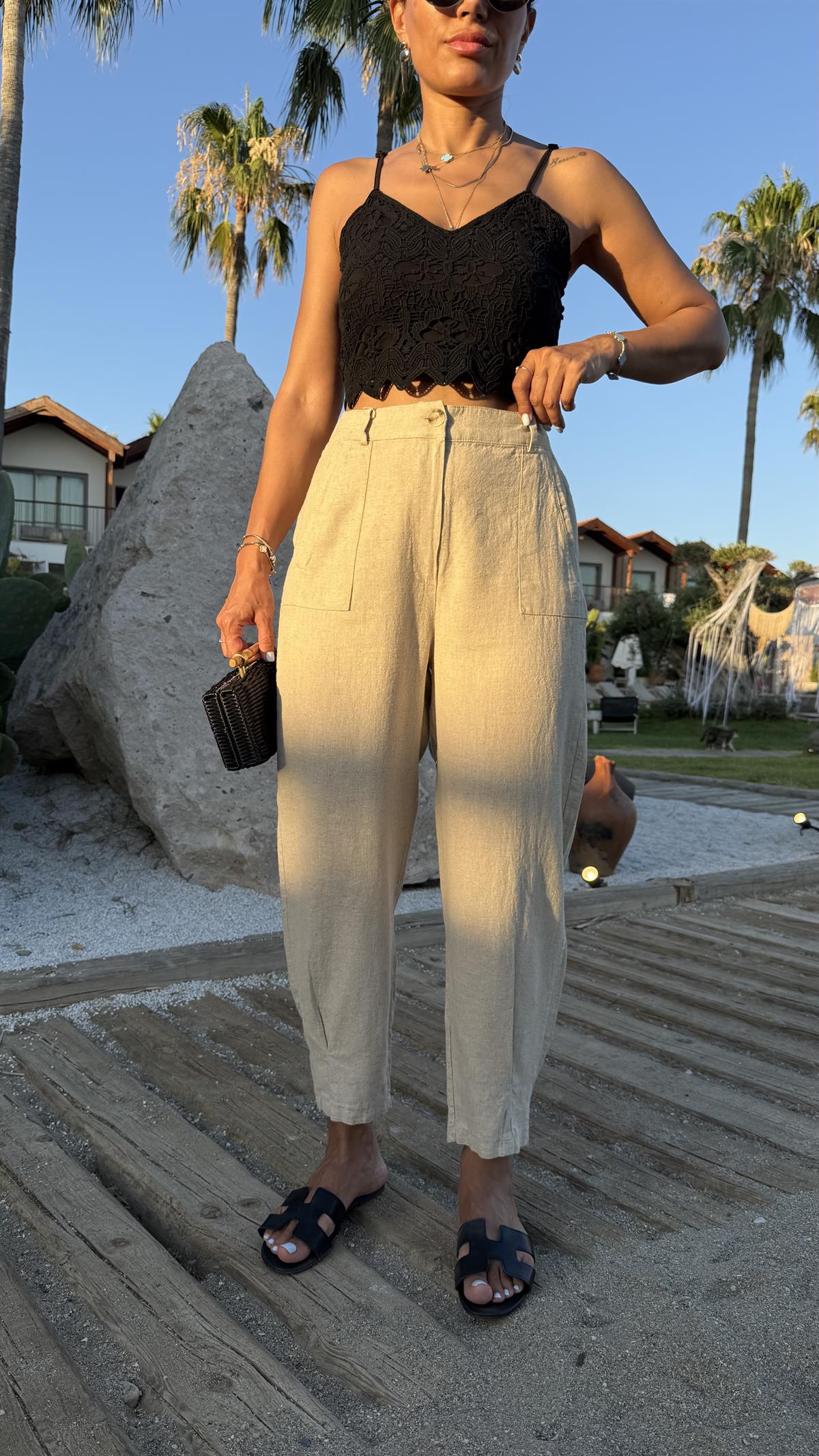 1711 Paçası Pensli Yan Cepli Keten Pantolon TAŞ