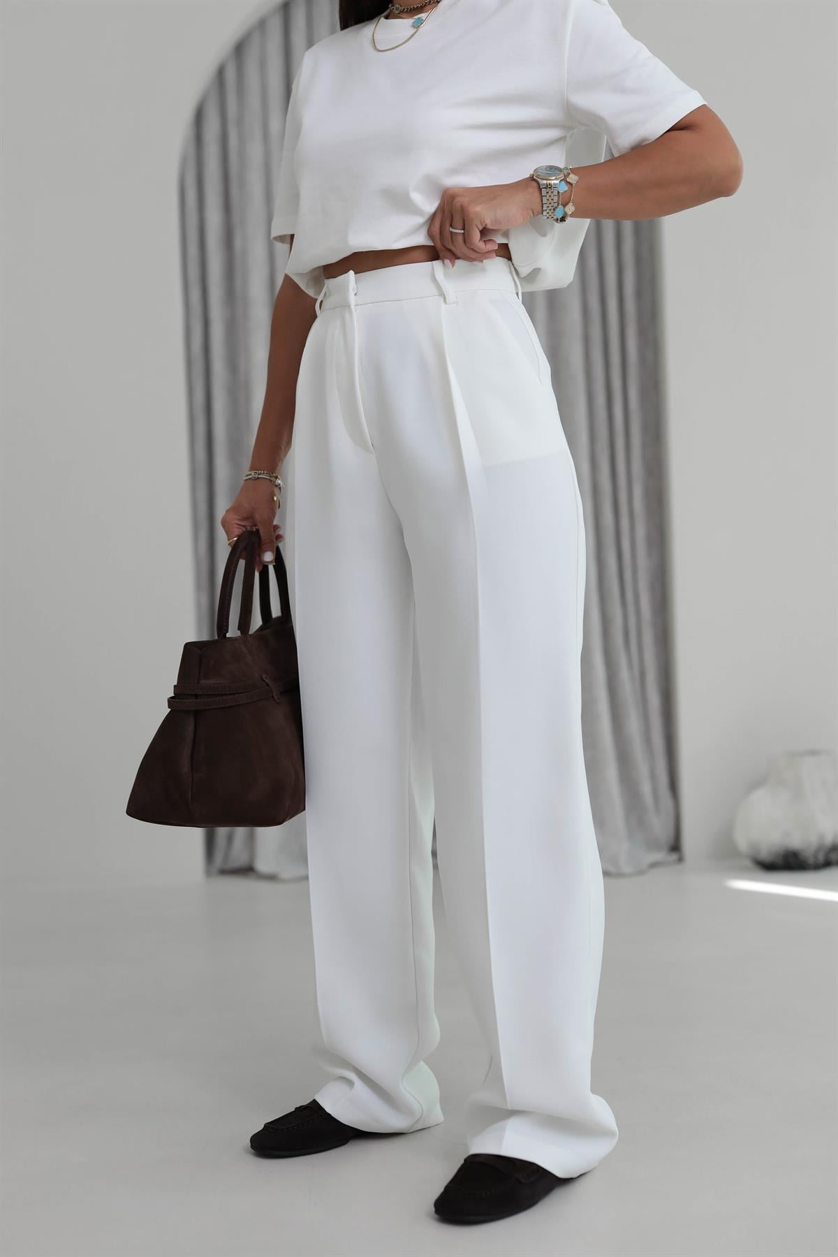 1024 Pile Detaylı Kumaş Pantolon EKRU