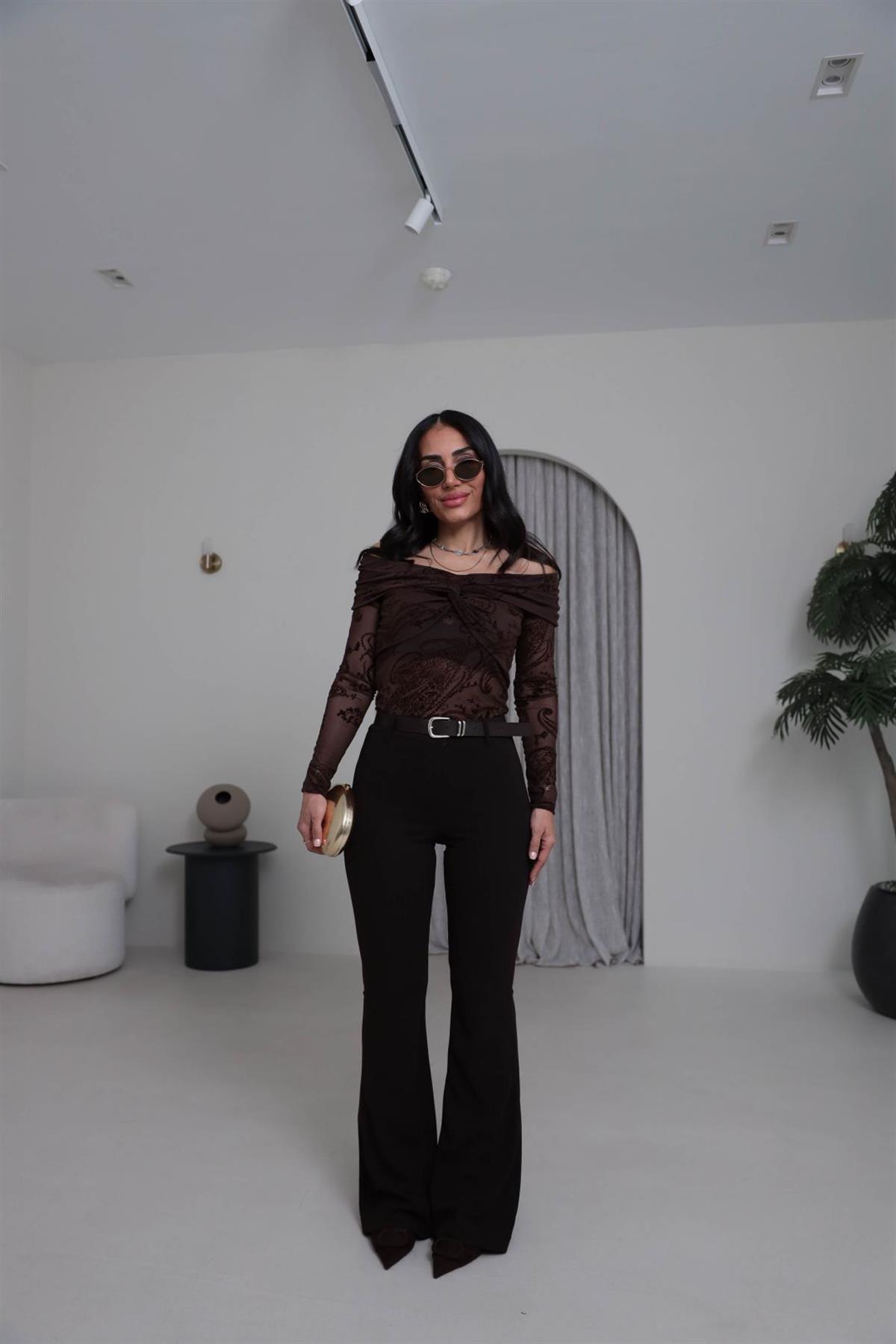 1741 Kemerli Likralı Kumaş Pantolon KAHVE