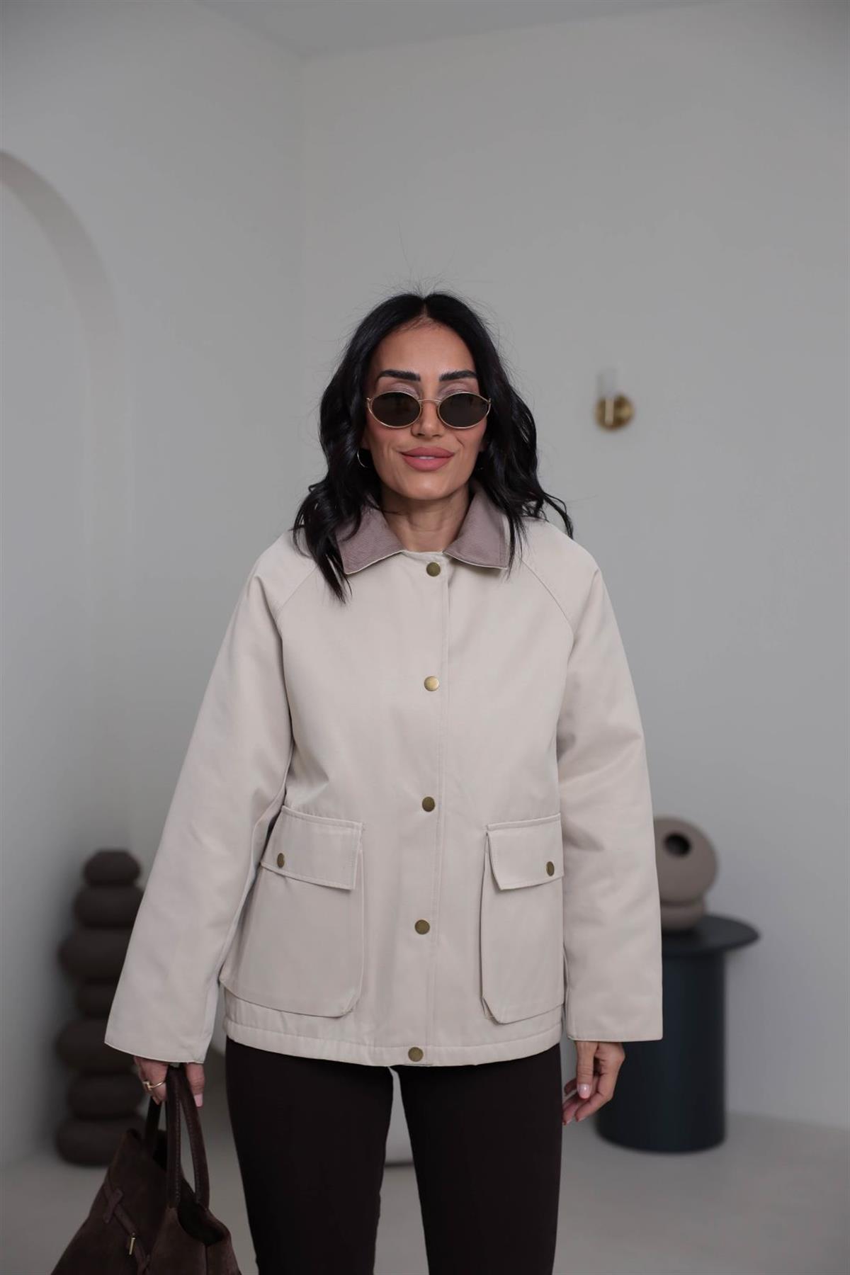 0213 Kadife Yakalı Trençkot KREM