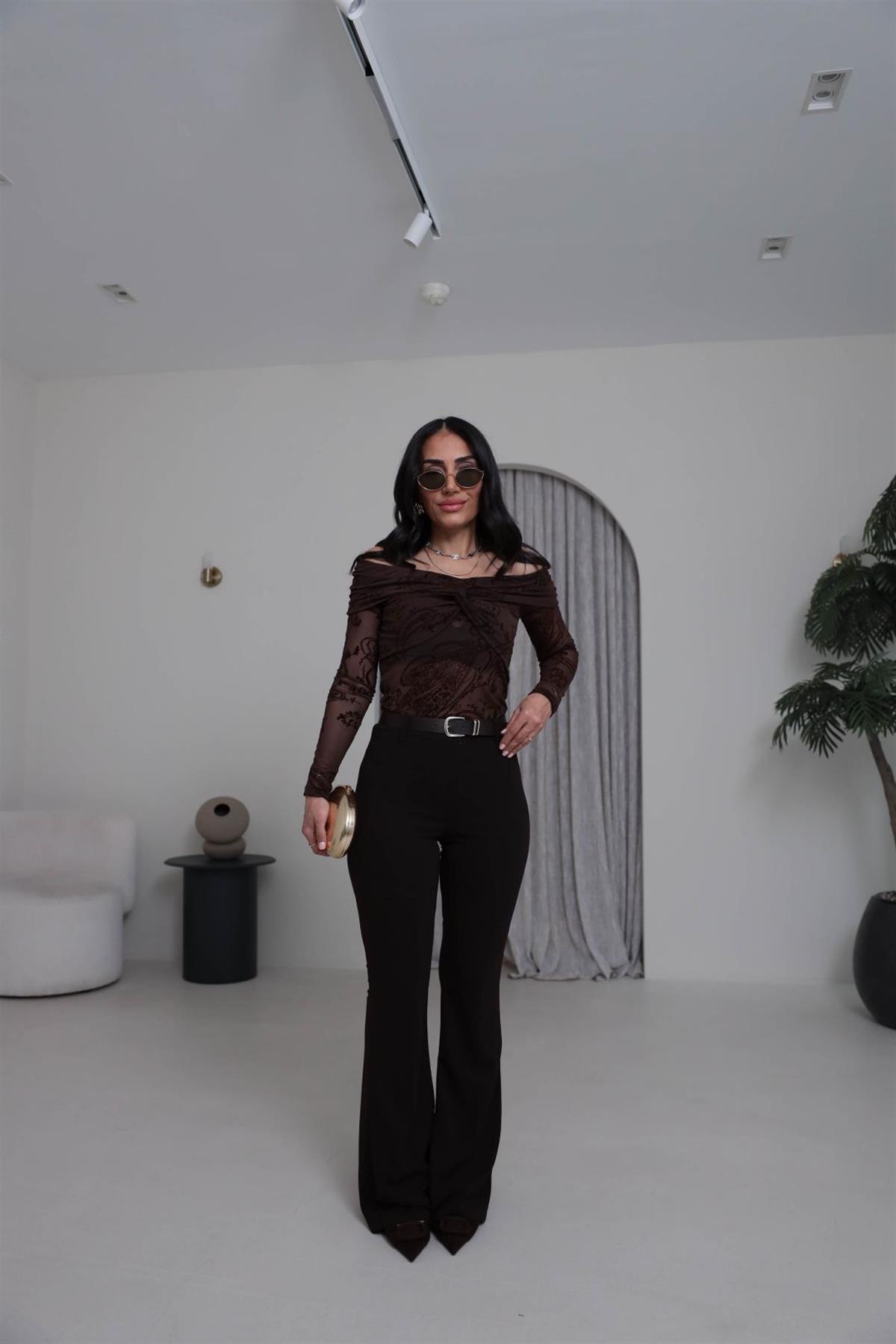 1741 Kemerli Likralı Kumaş Pantolon KAHVE