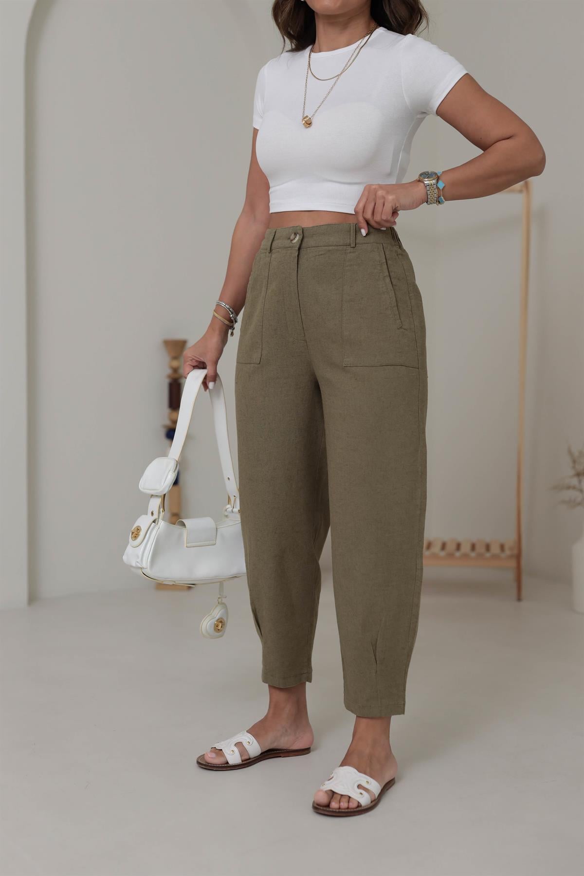 1711 Paçası Pensli Yan Cepli Keten Pantolon HAKİ YEŞİL