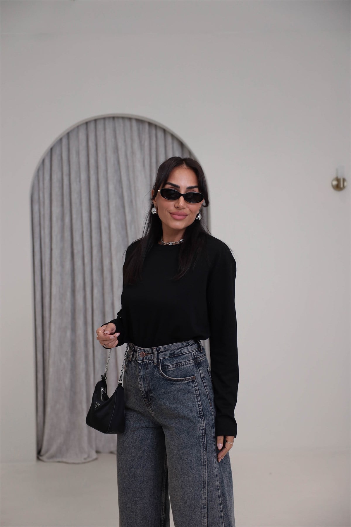 1448 Bisiklet Yaka uzun Kollu Oversize Tshirt SİYAH