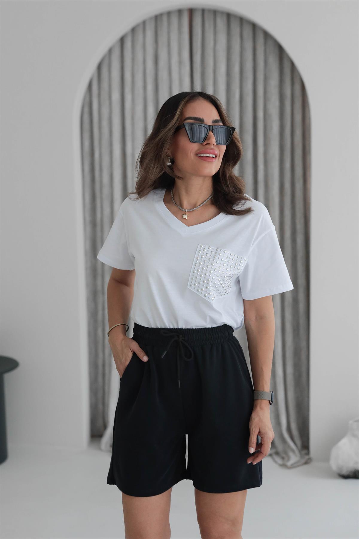 5341 Cep Drop Detaylı V Yaka Tshirt