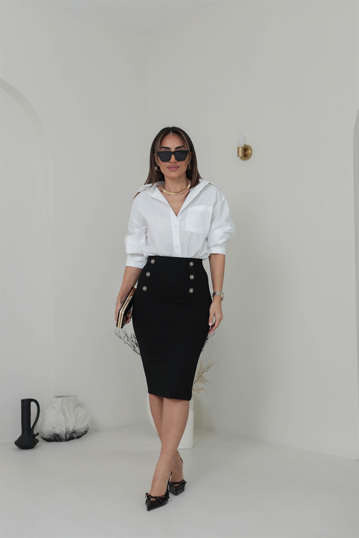 3130 Önü Düğme Detaylı Etek SİYAH