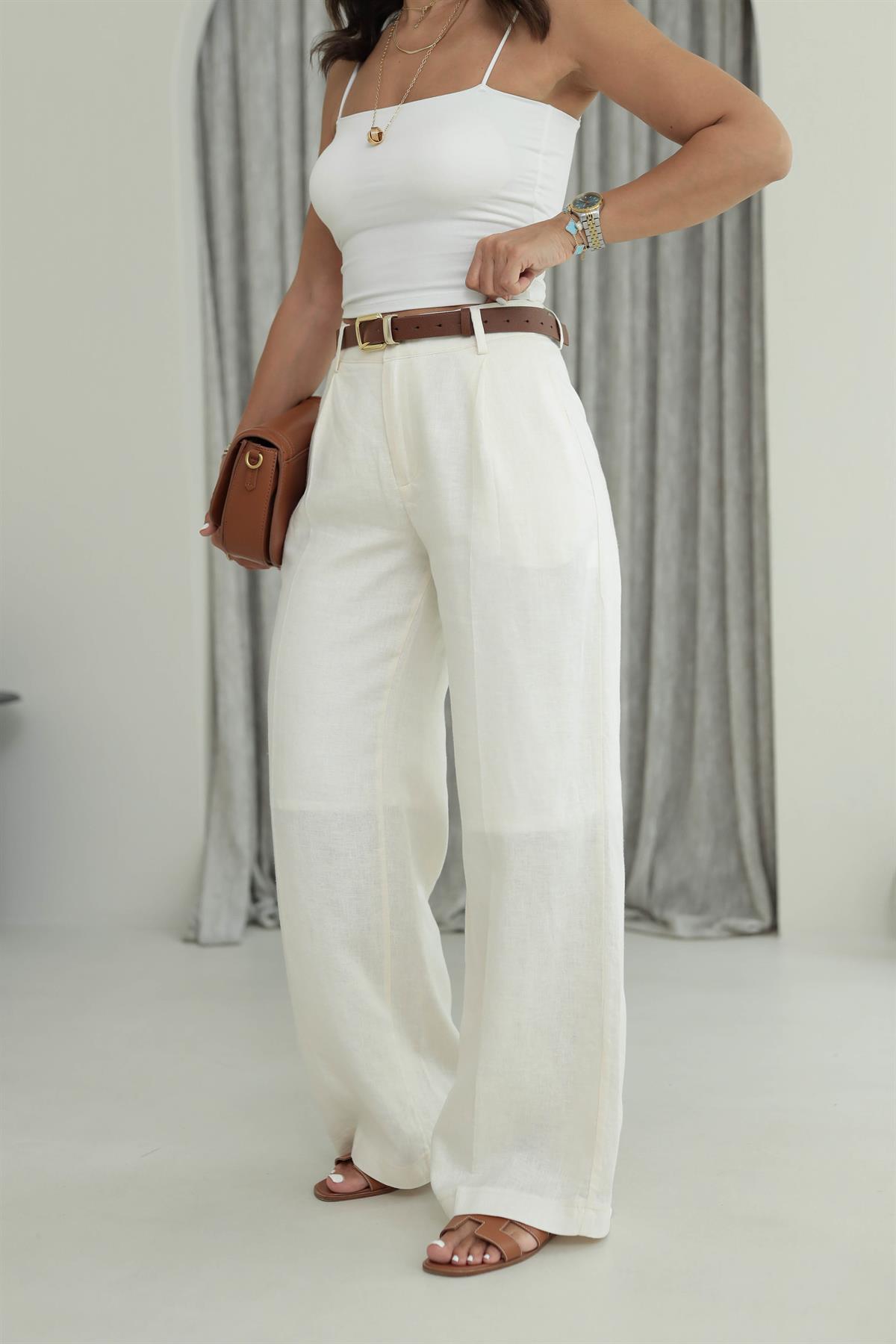 7214 Ham Keten Dökümlü Pantolon NATURAL