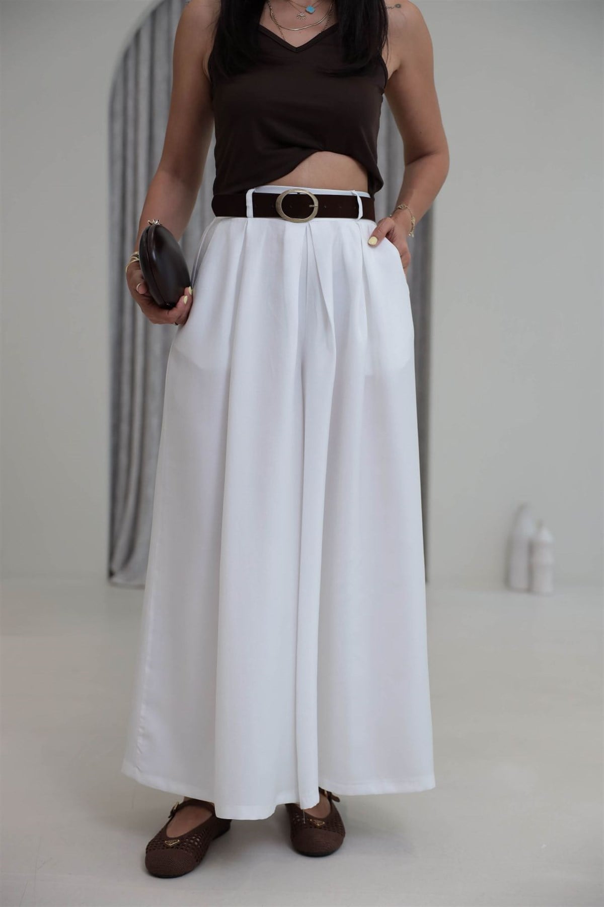 1354 Süet Kemerli Etek Pantolon BEYAZ