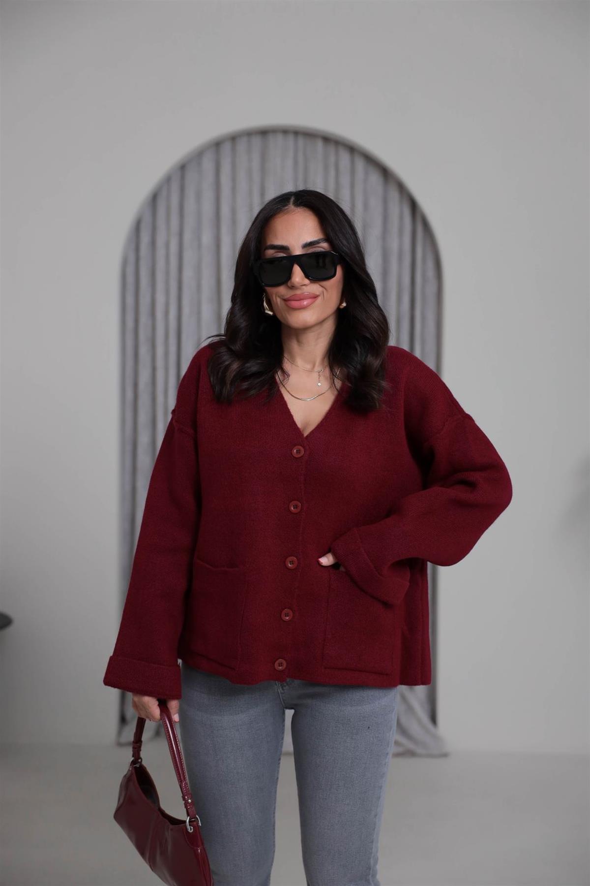 5231 Cepli Ters Dikiş Detaylı Hırka BORDO