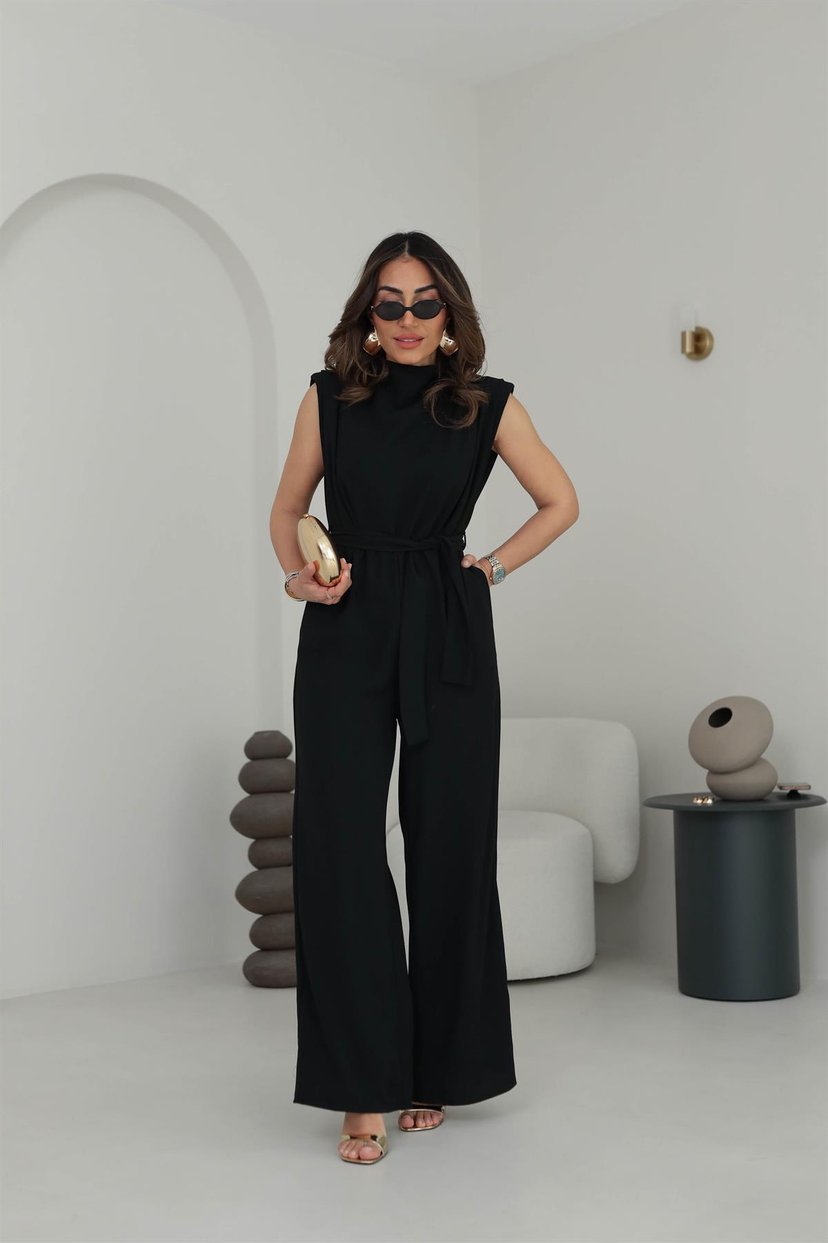 419 Vatkalı Sırt Dekolteli Kuşaklı Tulum SİYAH