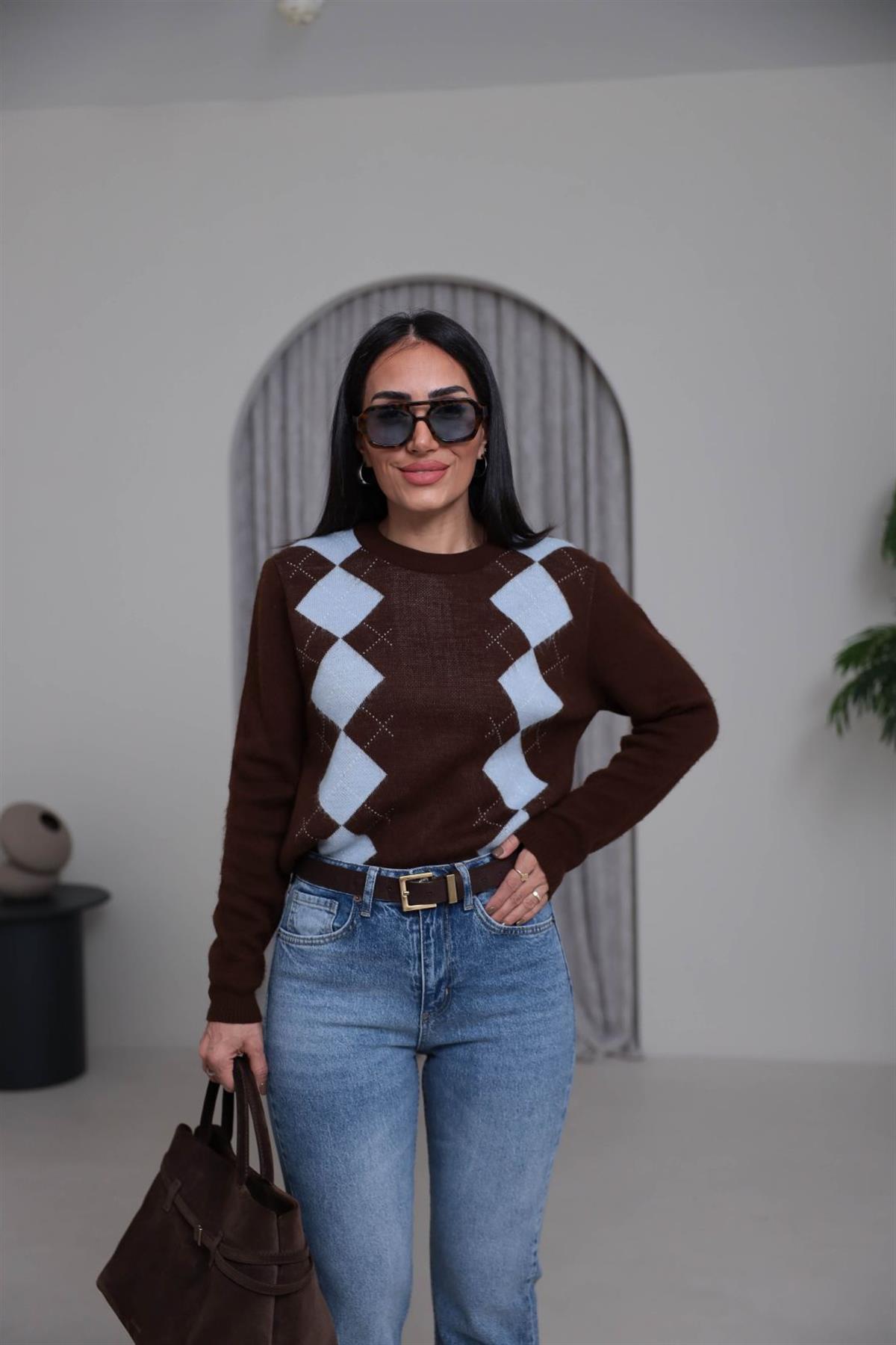 9104 Bisiklet Yaka Baklava Desen Triko Kazak ACI KAHVE