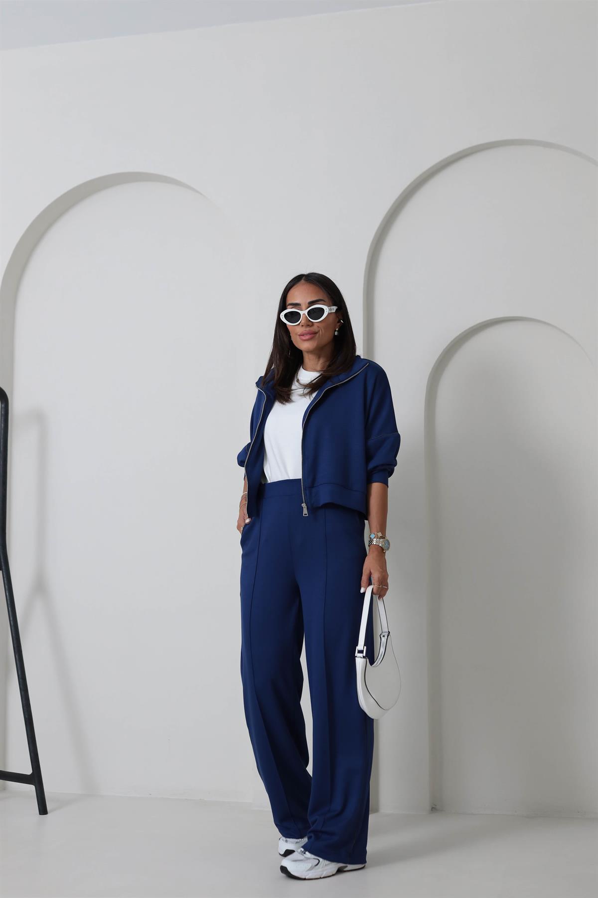 2378 Ceketi Fermuarlı Zincir Detay Modal Takım LACİVERT