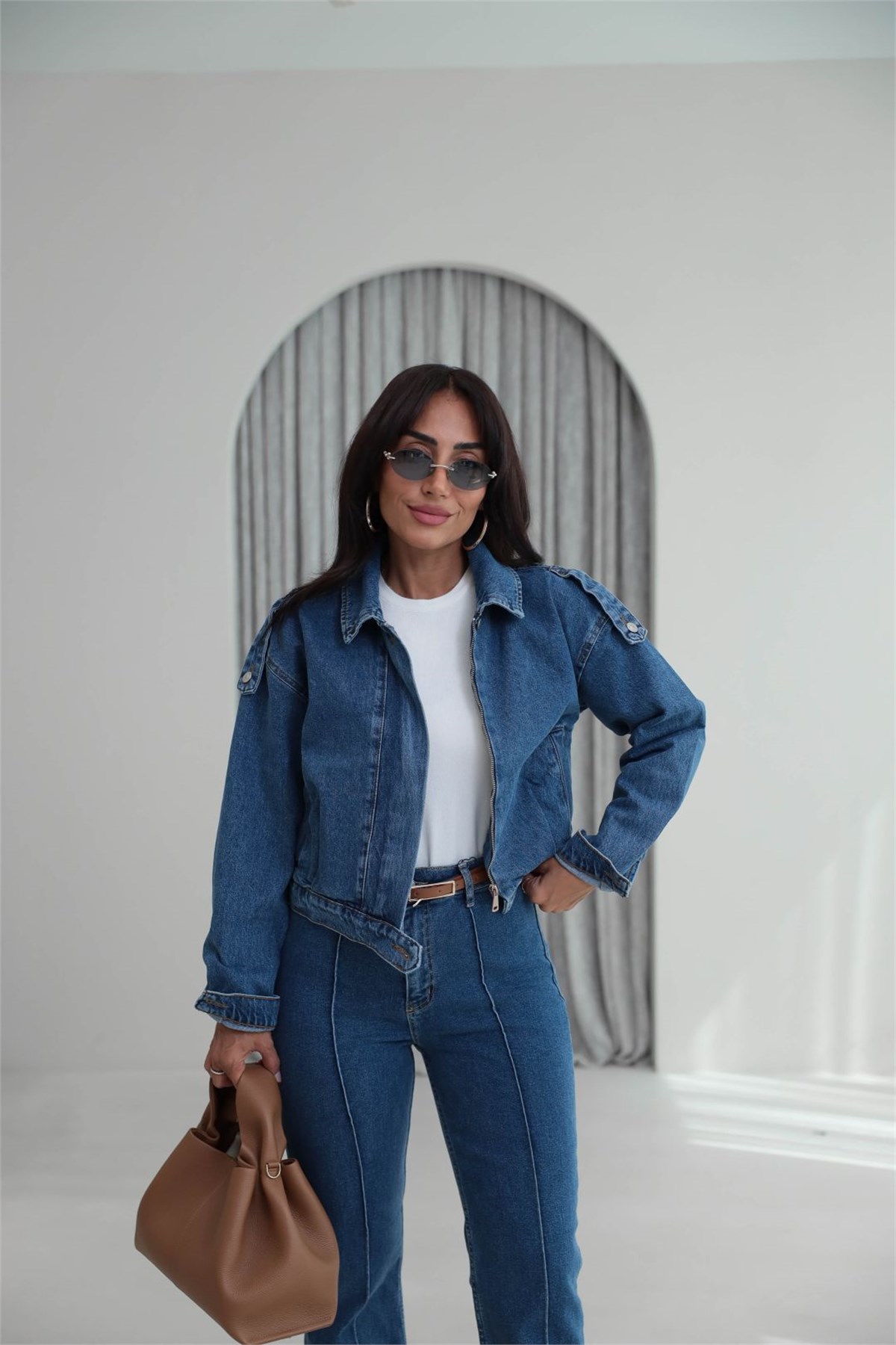 1129 Apoletli Denim Ceket MAVİ