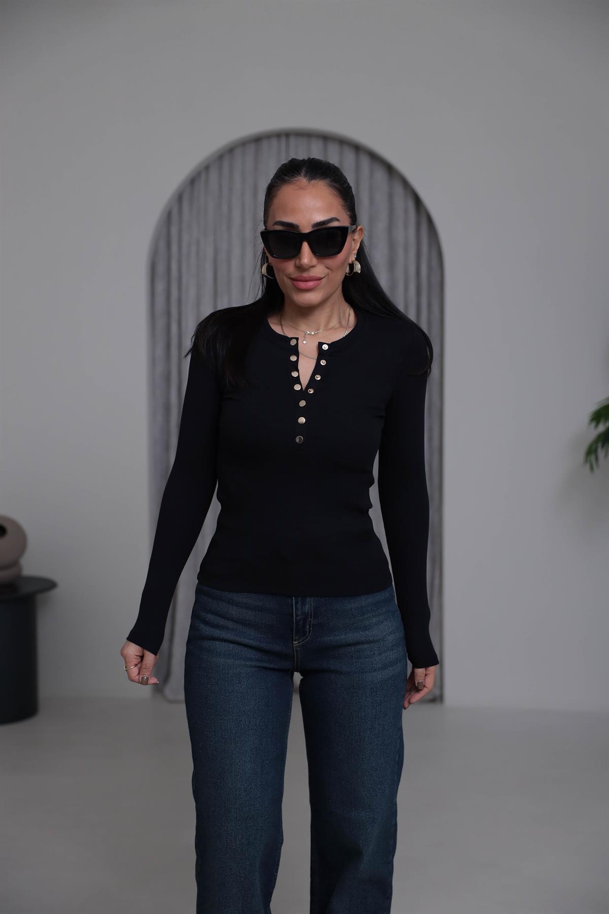 6363K Patlı Gold Düğmeli Pamuklu Bluz SİYAH