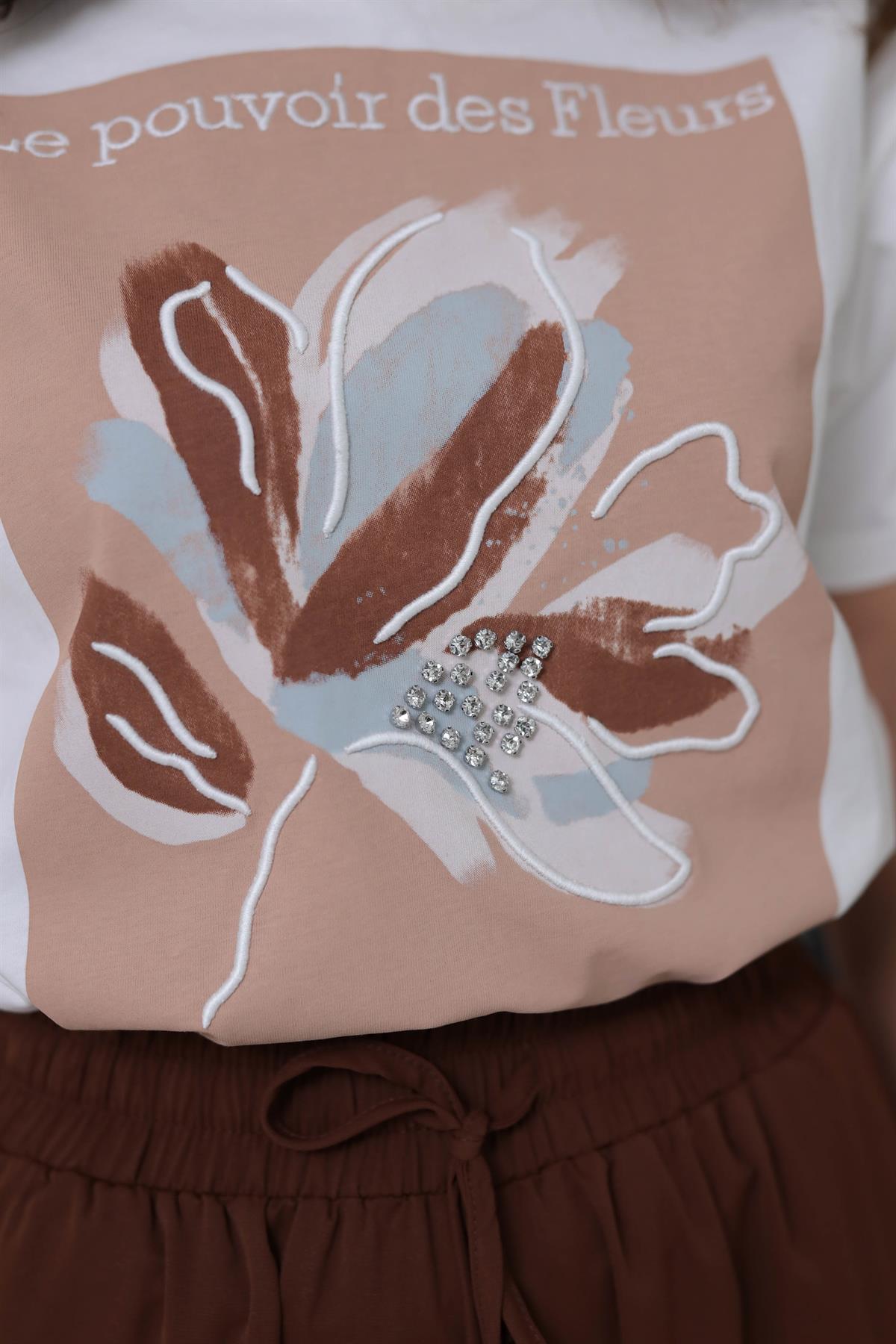 0223 Çiçek ve Taş Detaylı Tshirt KAHVE