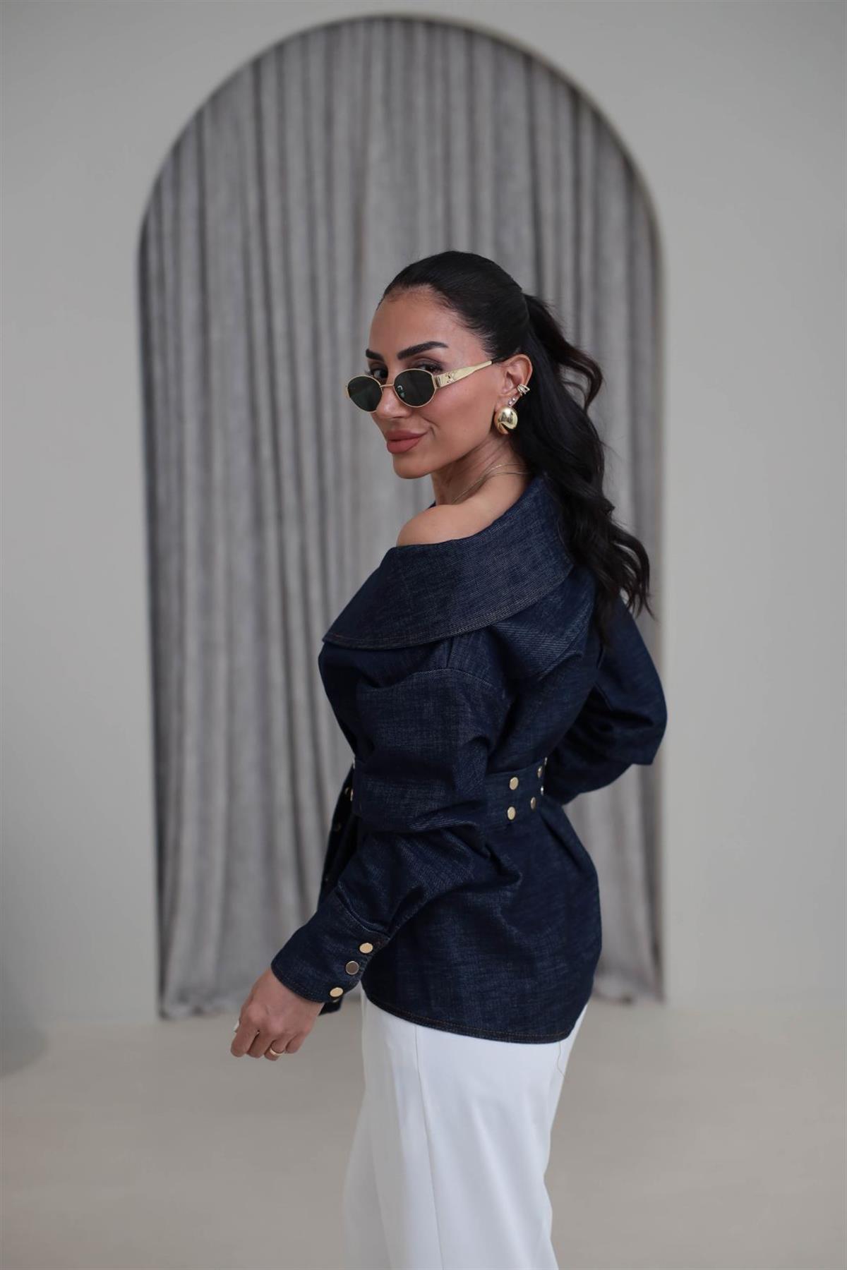 7027 Tasarım Kuşaklı Asimetrik Kot Gömlek LACİVERT