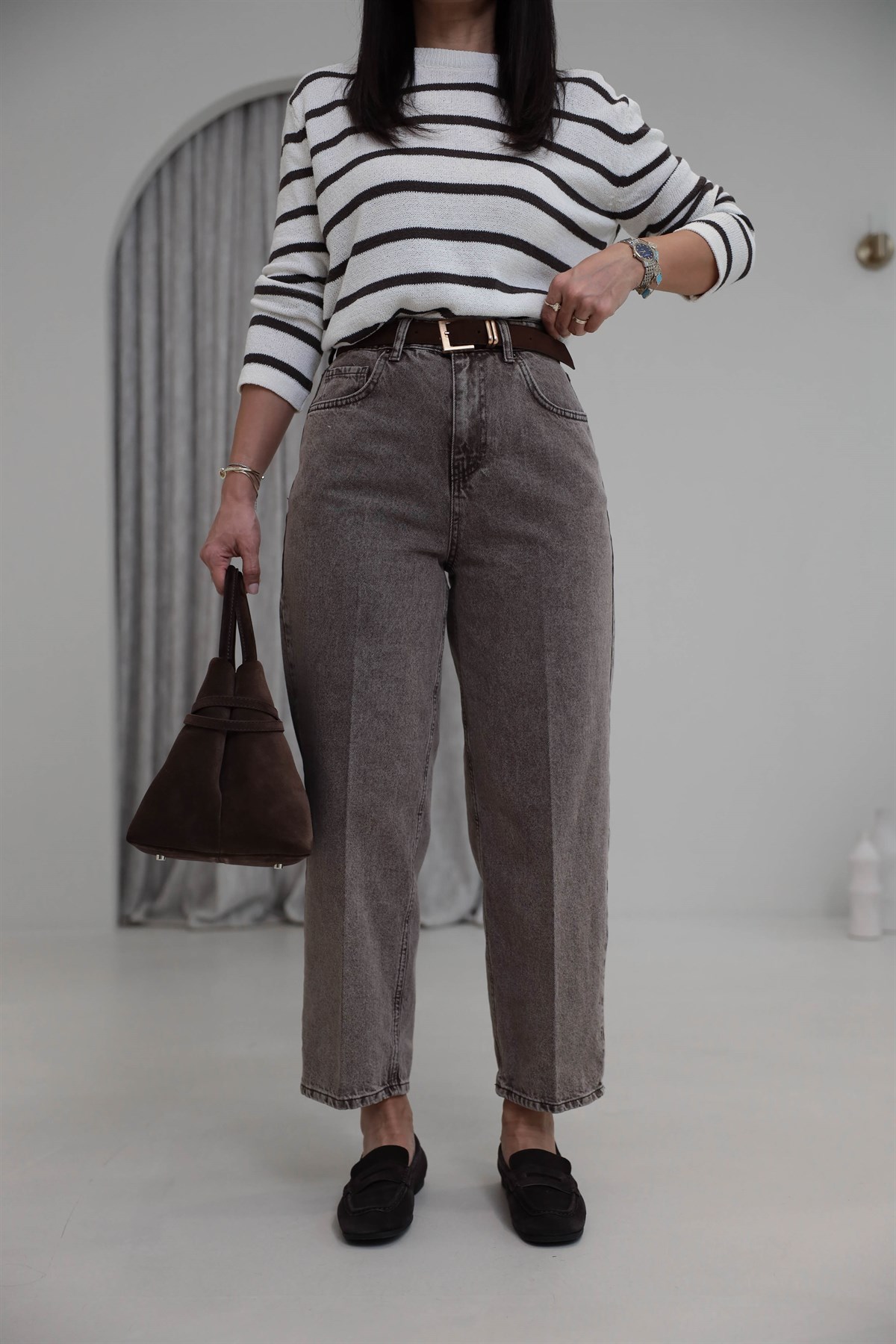3010 Süet Kemerli Mom Jean YIKAMALI KAHVE