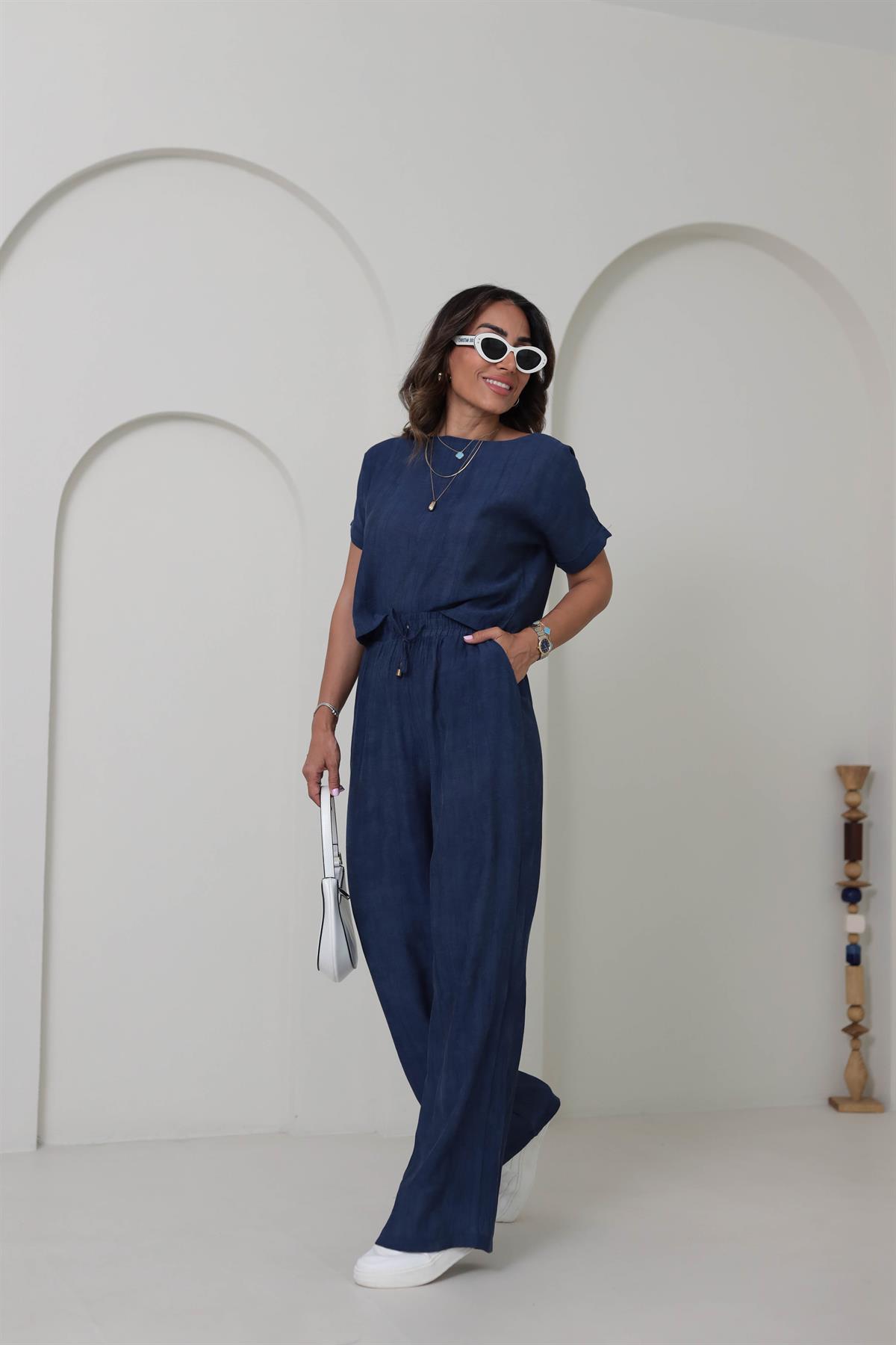 0450 Düşük Omuz Bluz Ve Geniş Paça Pantolon Takım LACİVERT