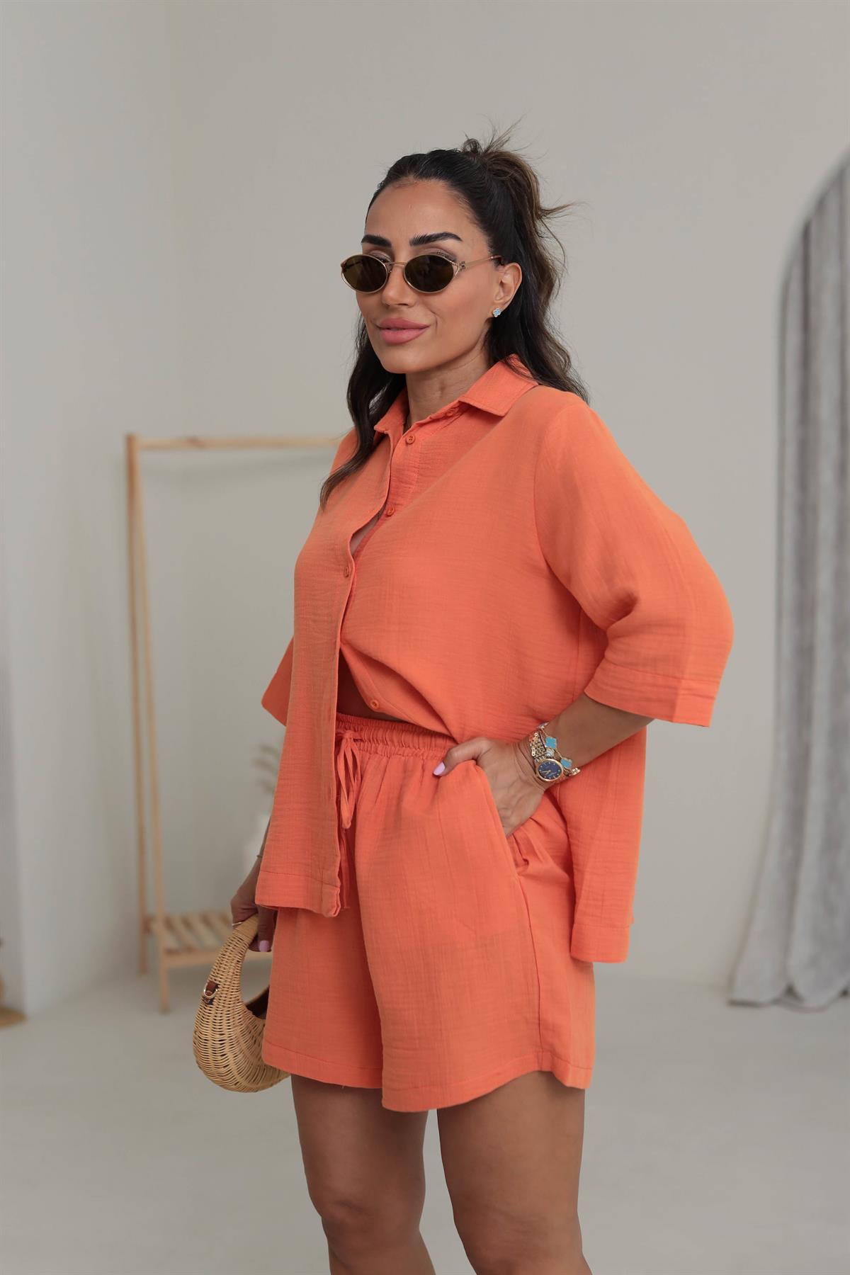 0427 Müslin Kumaş Gömlek Şort Takım TURUNCU