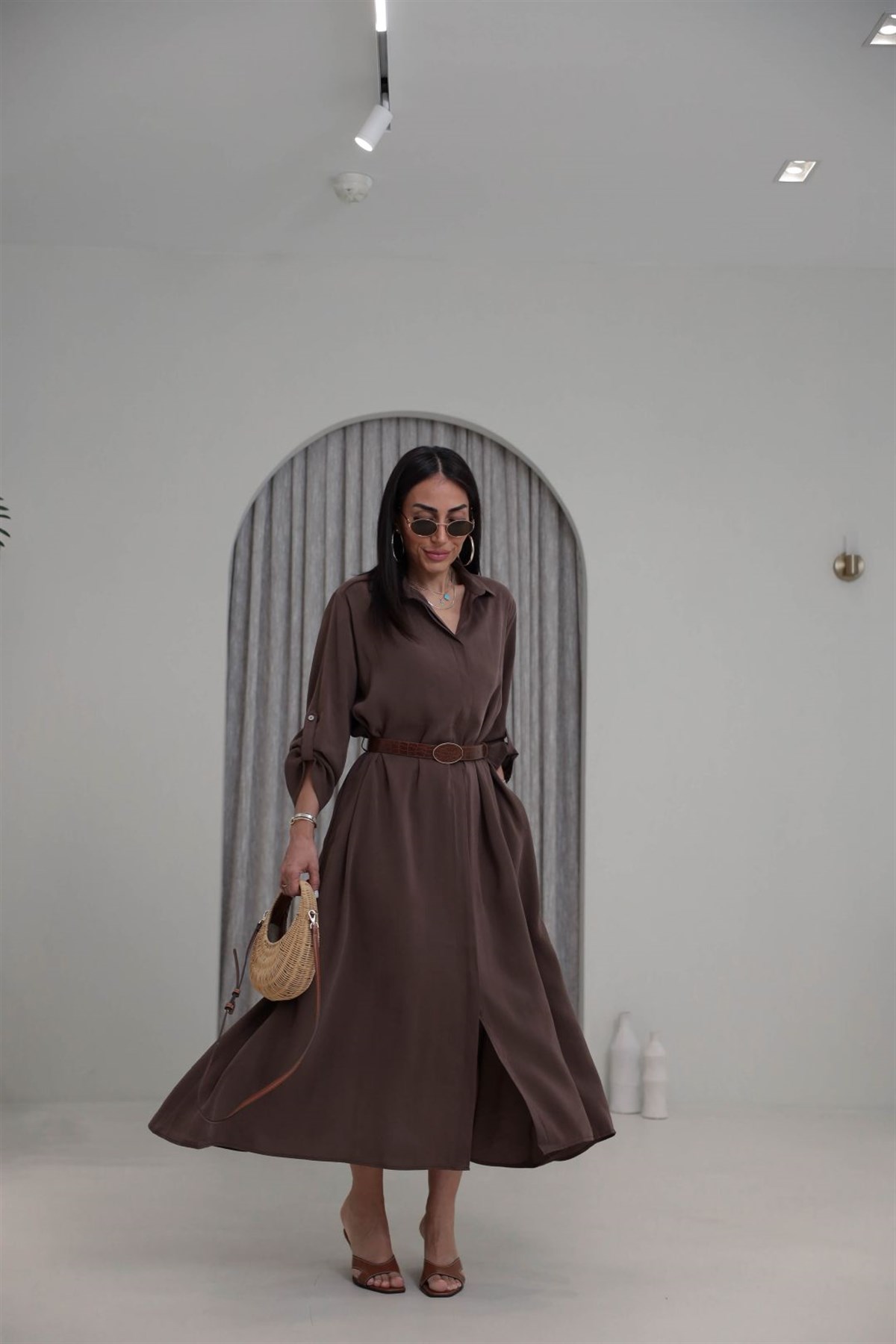 3270 Kemer Detaylı Tencel Kumaş Gömlek Elbise KAHVE
