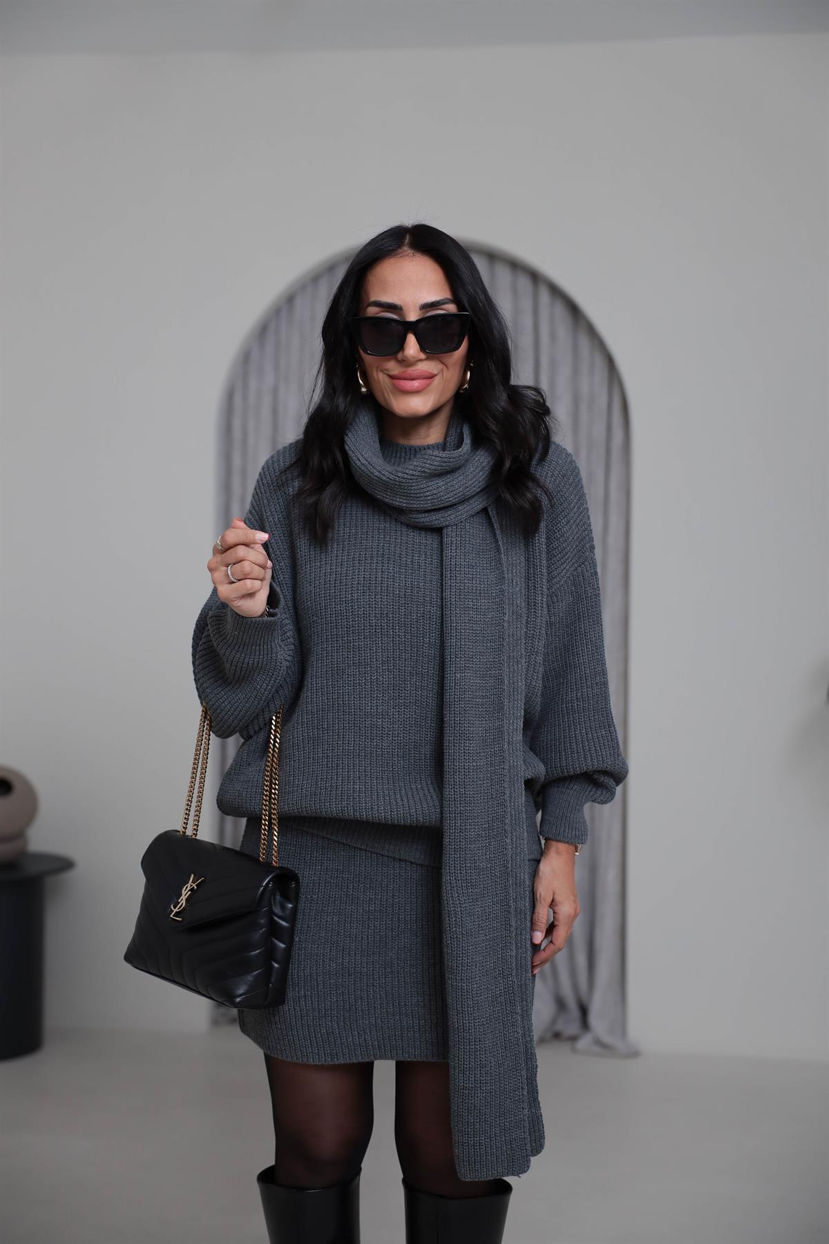 2581 Bisiklet Yaka Şal Detaylı Örgü Etek Takım KOYU GRİ