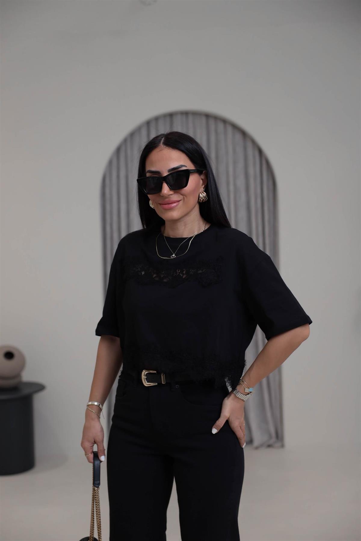 2252 Dantel Detaylı Pamuklu Kısa Tshirt SİYAH