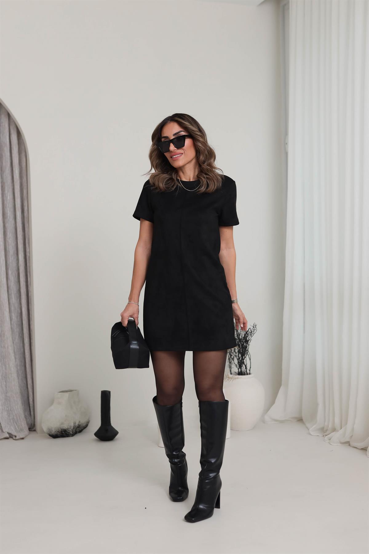 0196 Ön Dikiş Detay Süet Elbise SİYAH