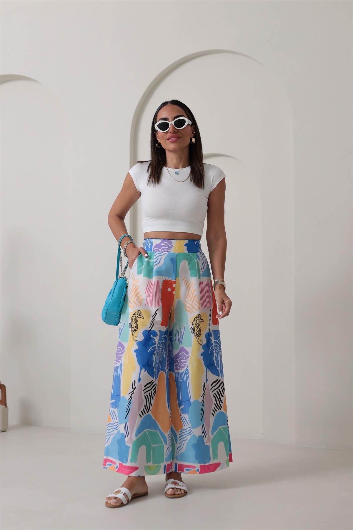 0404 Desenli Yüksek Bel Bol Paça Pantolon RENKLİ