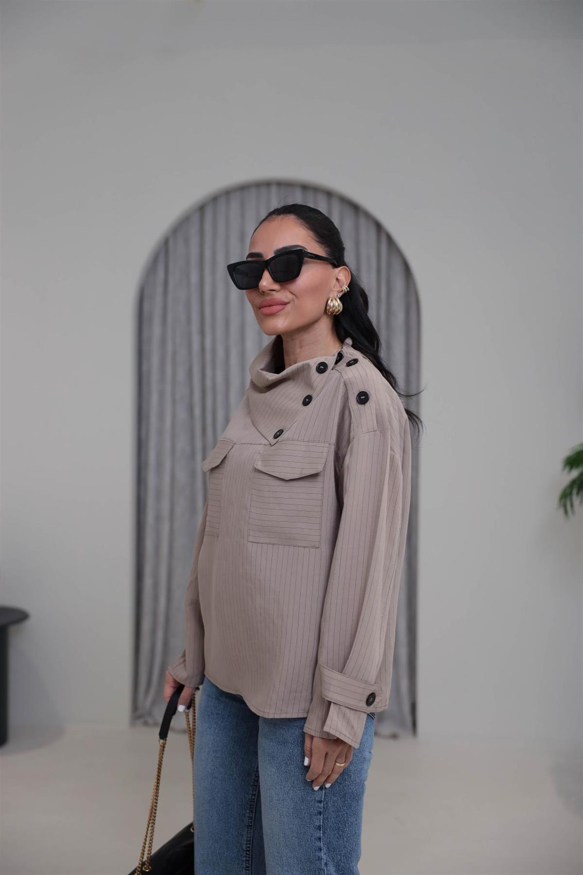 4067 Düğmeli Yaka Detay Çizgili Modal Gömlek AÇIK VİZON