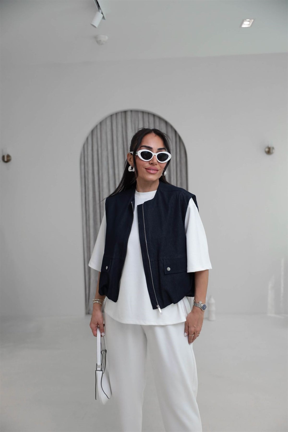 8492 Önden Fermuarlı Sıfır Kol Denim Yelek LACİVERT