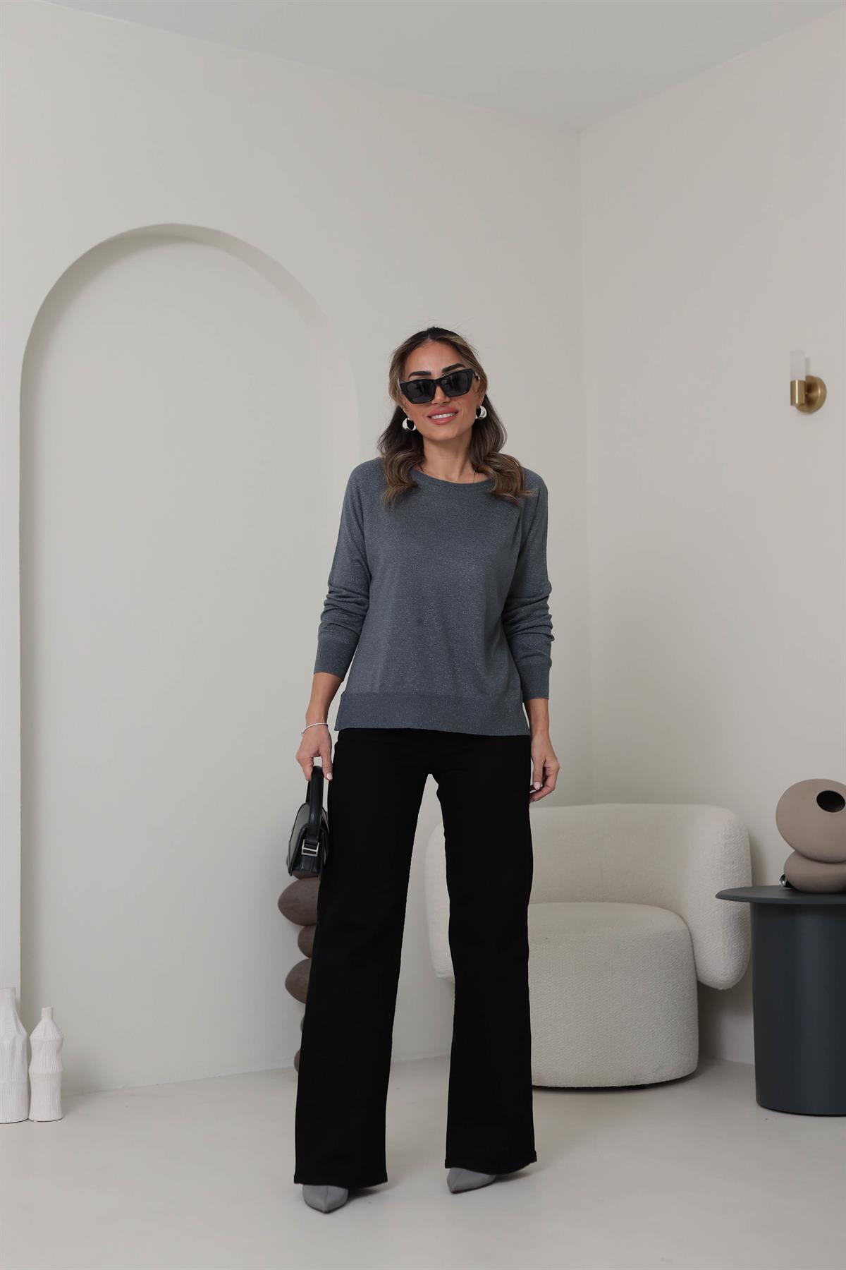 0557 Bisiklet Yaka Simli Basic İnce Triko FÜME