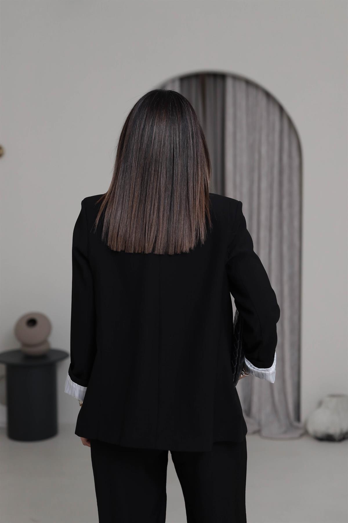 50178 Aeronbin Kol Katlamalı Çizgili Blazer Ceket SİYAH