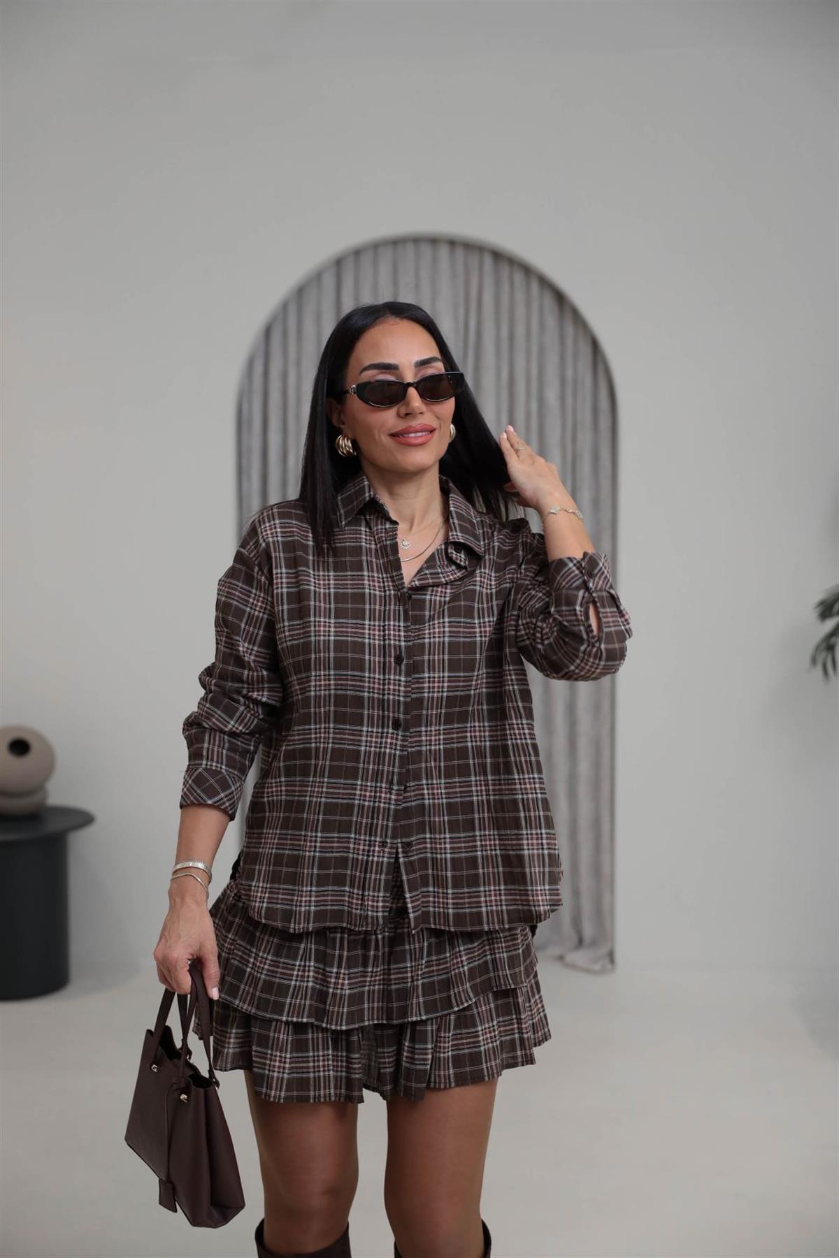 3218 Ekose Desenli Gömlekli Etek Takım KAHVE