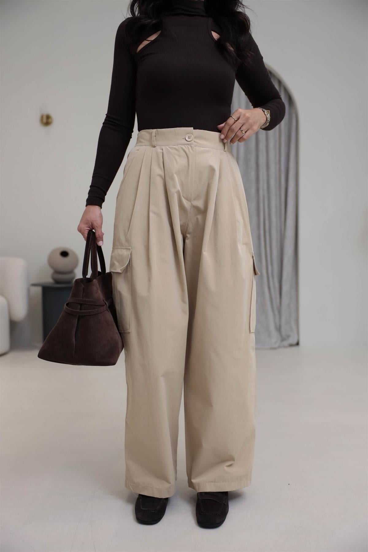 0025 Arka Bel Lastikli Kargo Cepli Pantolon BEJ