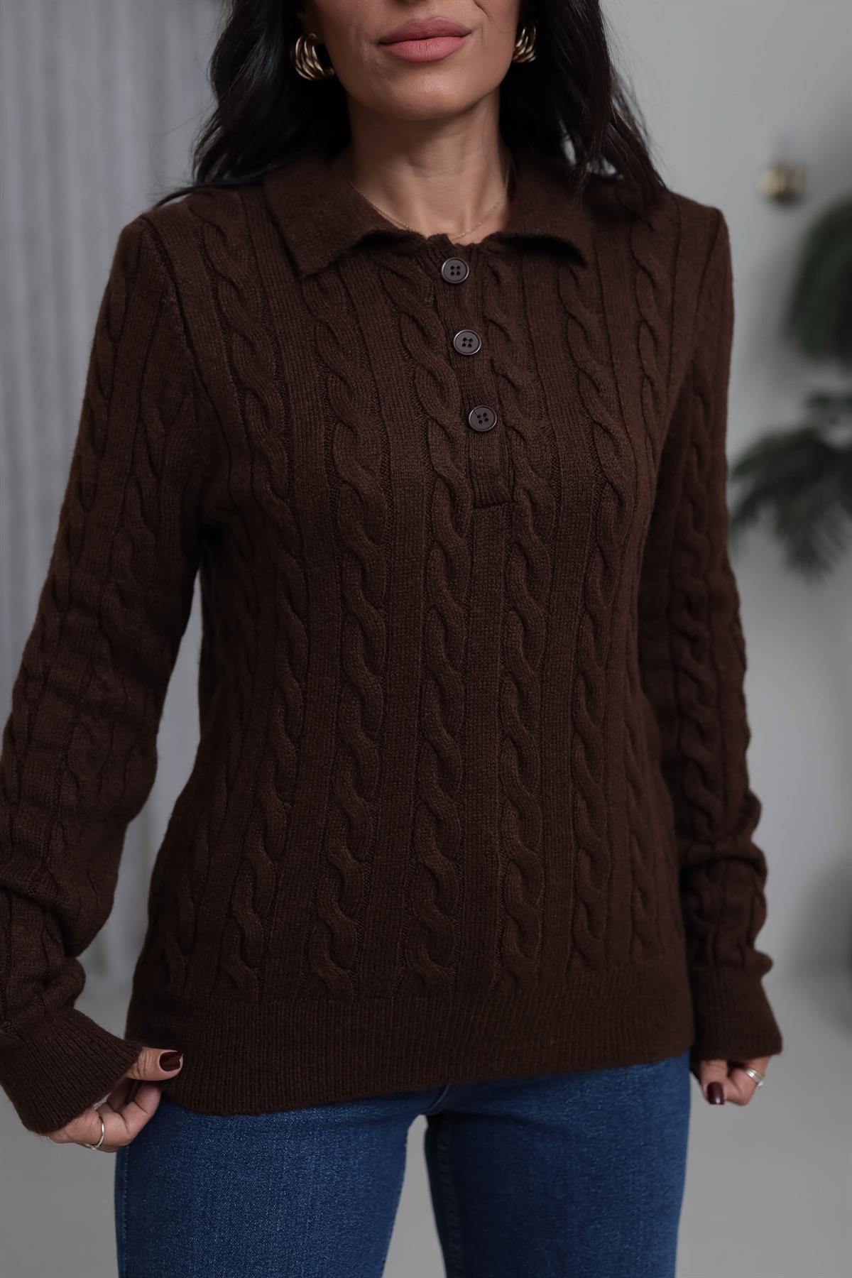 0145 Saç Örgü Polo Yaka Rahat Kazak KAHVE