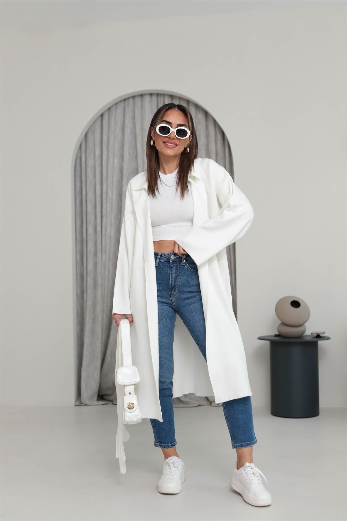 4064 Polo Yaka Triko Kemer Detaylı Hırka EKRU