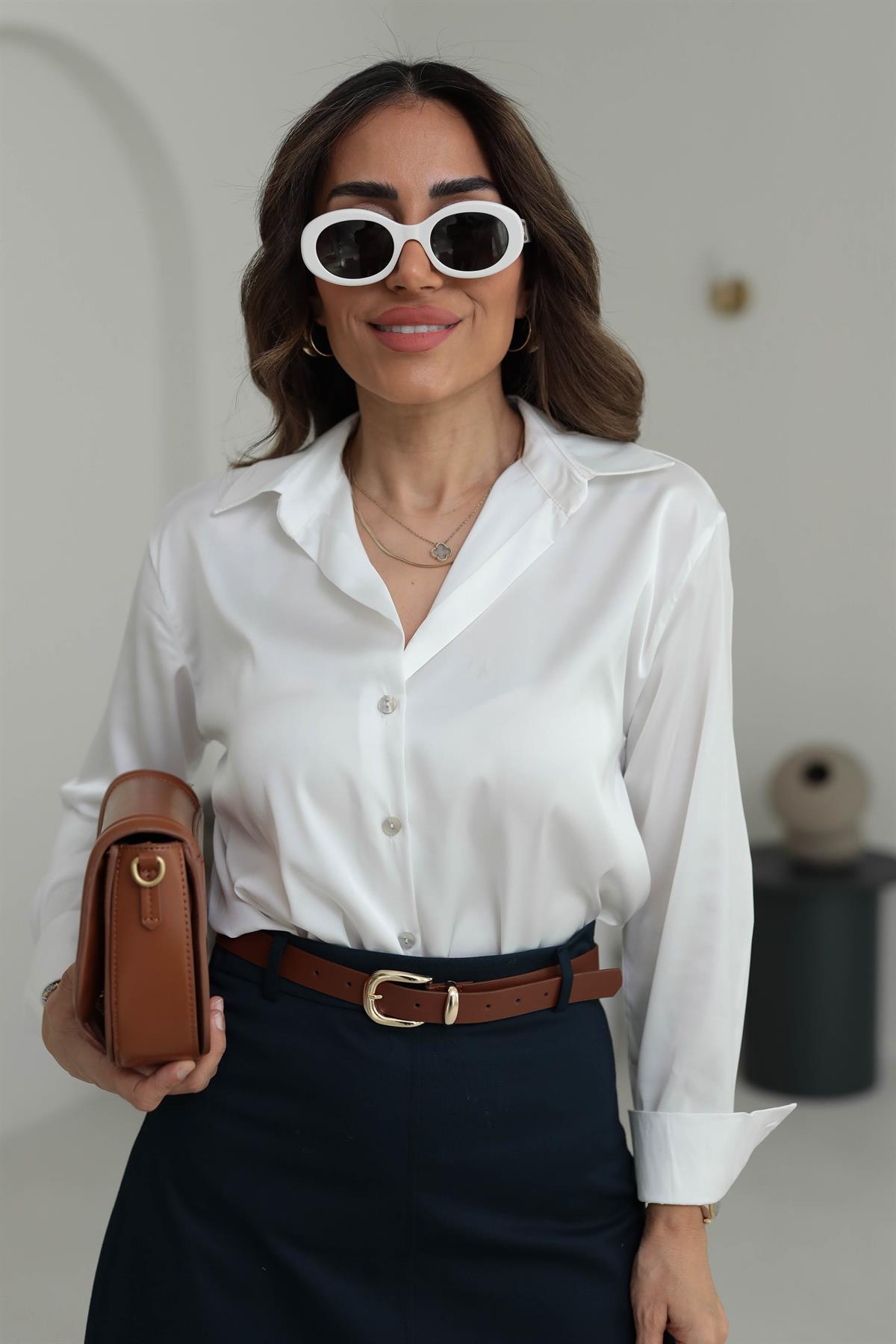 7917 Kolları Manşetli Saten Gömlek EKRU