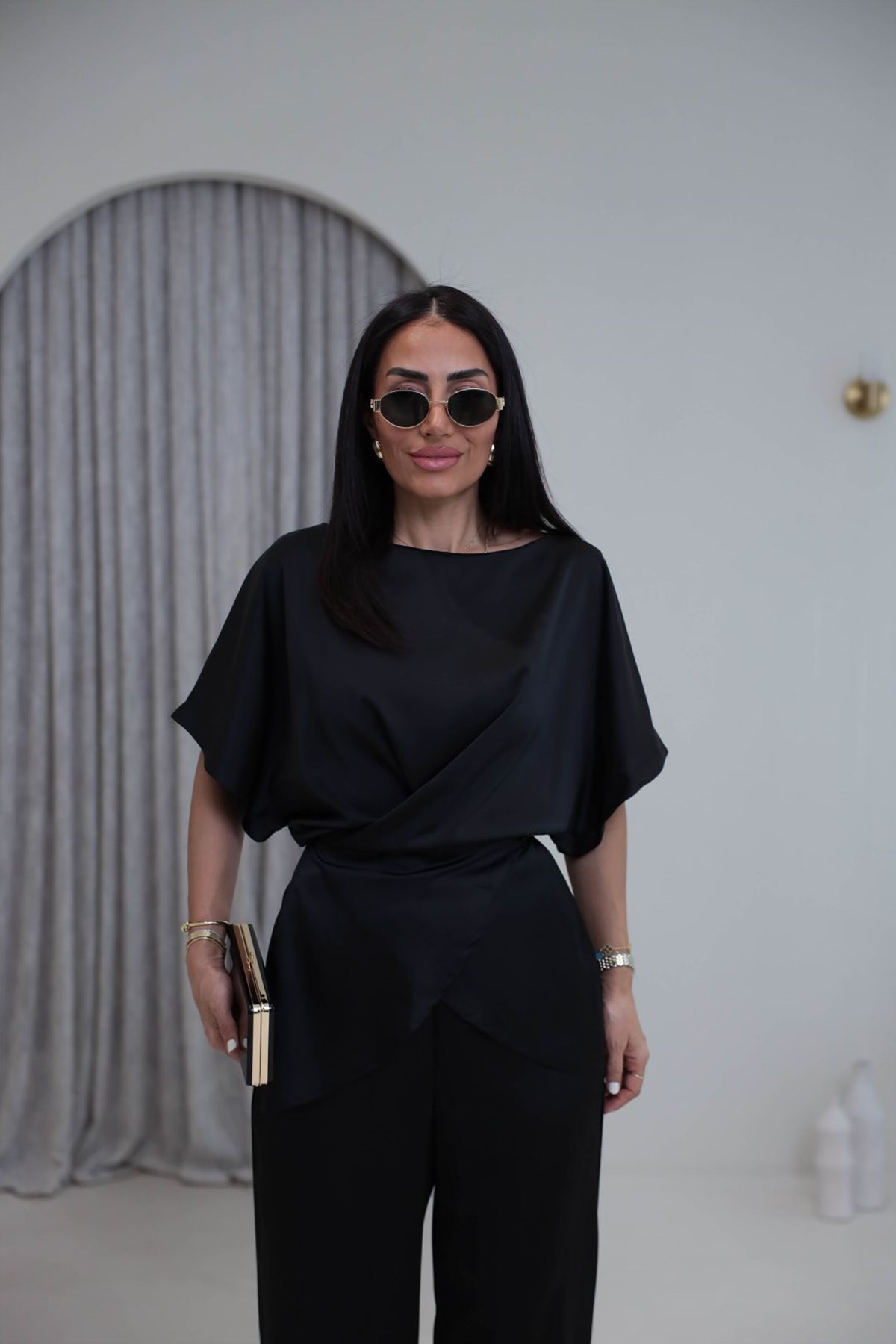 Tasarım Bağlama Detay Tok Saten Takım SİYAH