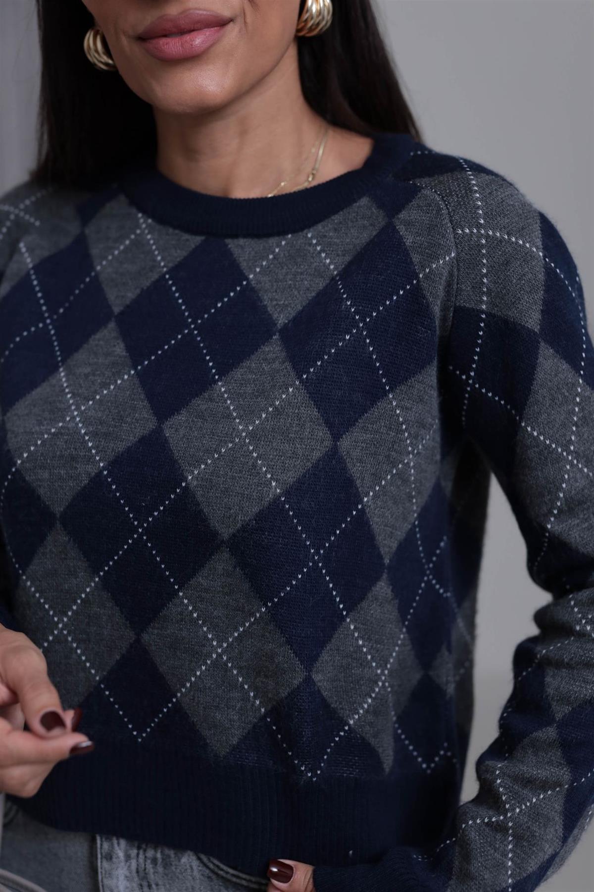 5219 Bisiklet Yaka Baklava Desen Massi Kazak LACİVERT