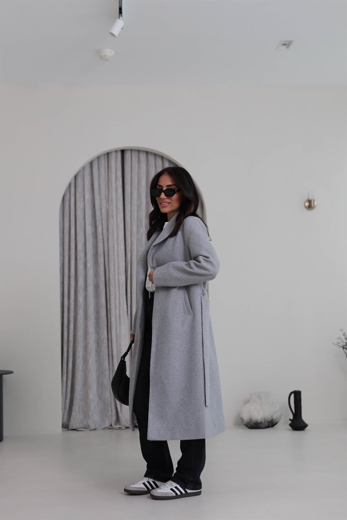 2173 Kuşaklı Kaşe Ceket GRİ