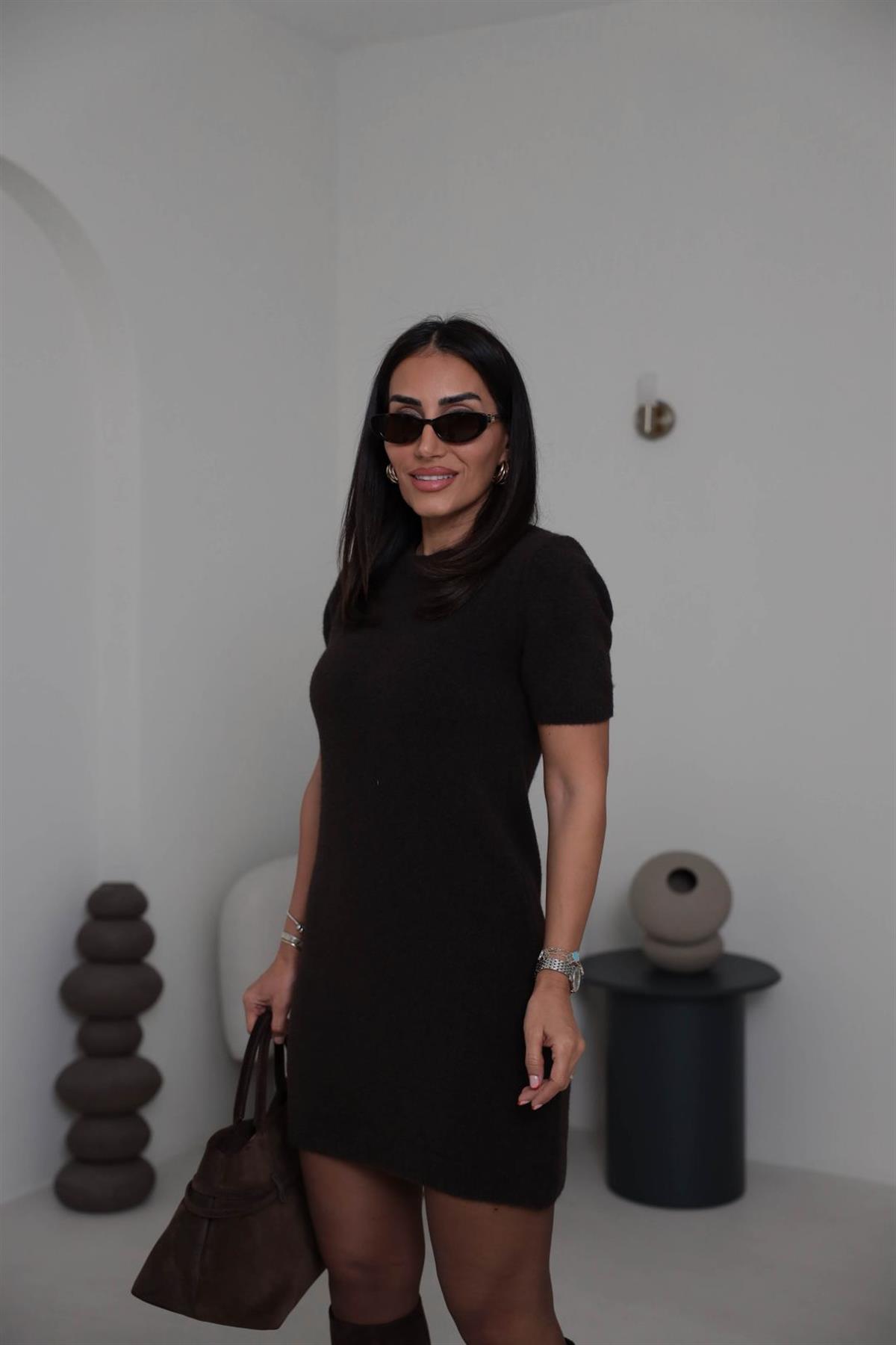 0257 Bisiklet Yaka Yumuşak Dokulu Elbise ACI KAHVE