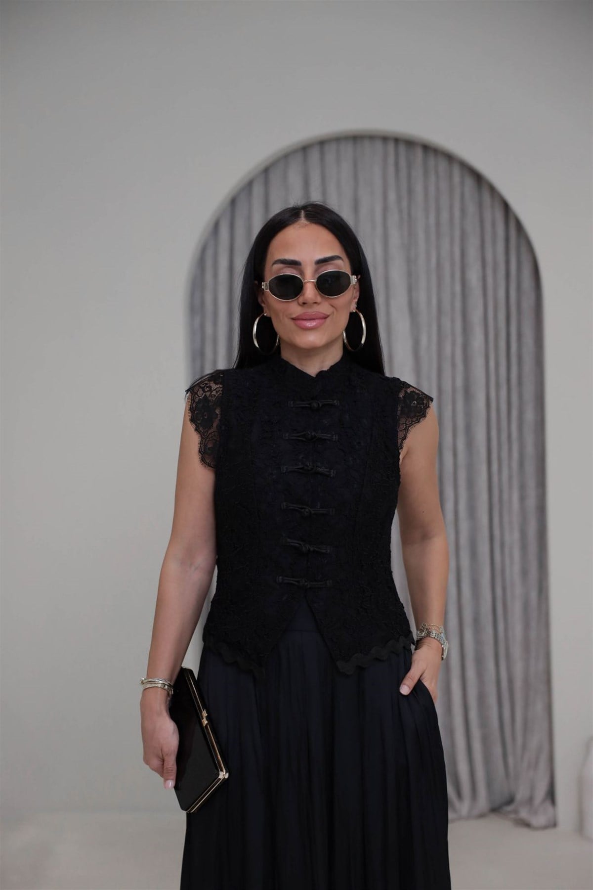 7139 Güpür Detaylı Hakim Yaka Yelek SİYAH