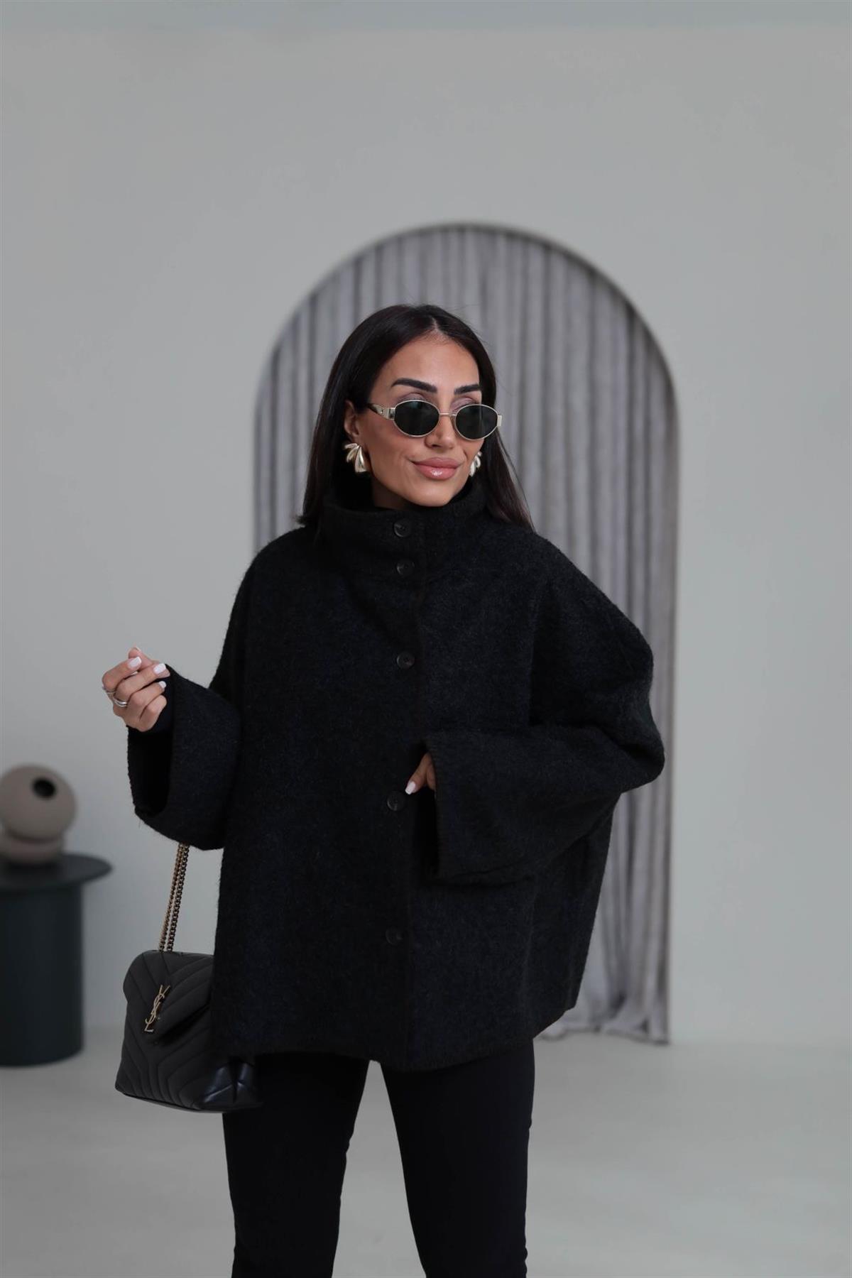 0563 Dikiş Detaylı Dik Yaka Kaşe Ceket SİYAH